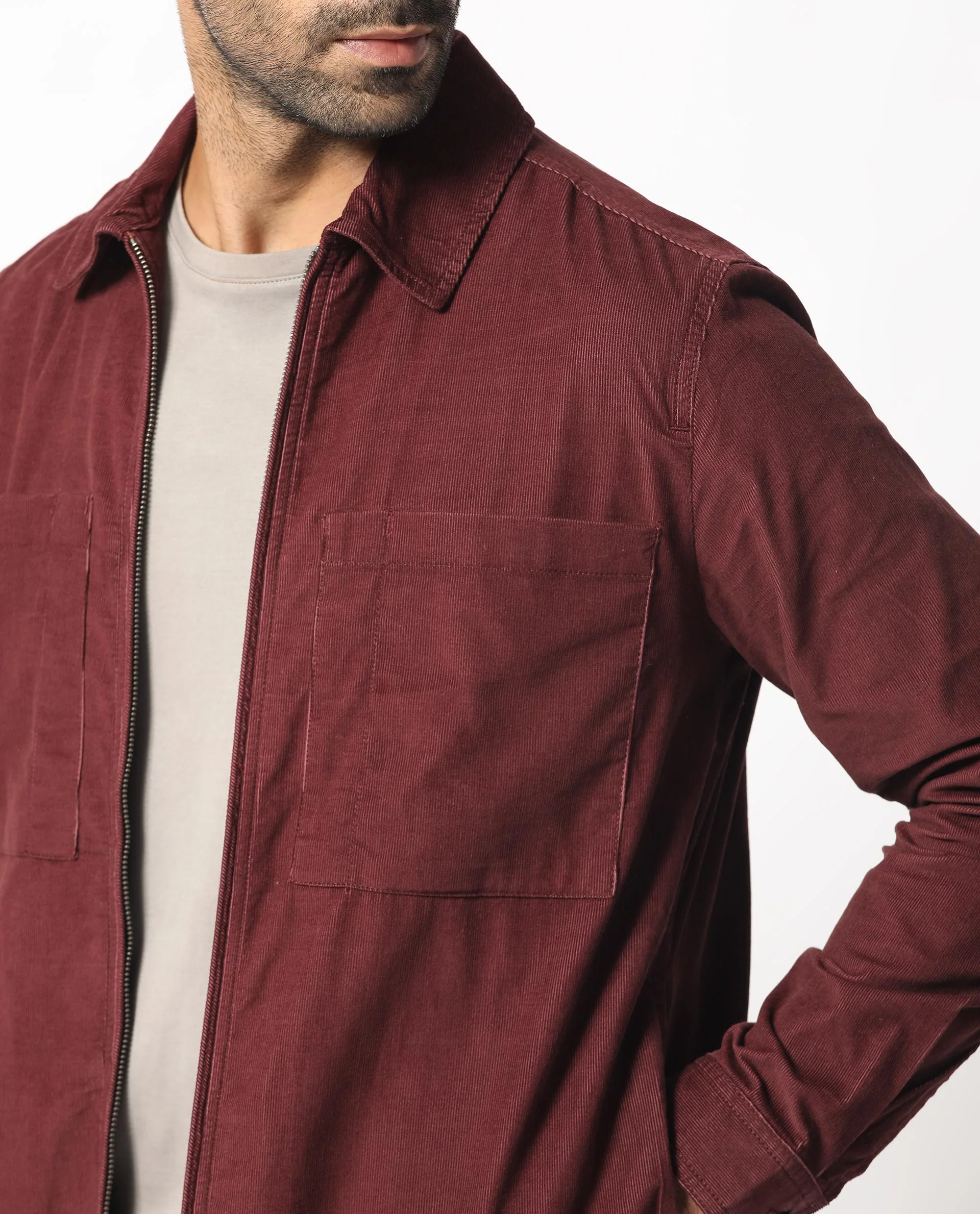 Rare Rabbit Men's Jilin Dark Maroon Cotton Plain Relaxed Fit Full Sleeve Collared Shacket - Image 3