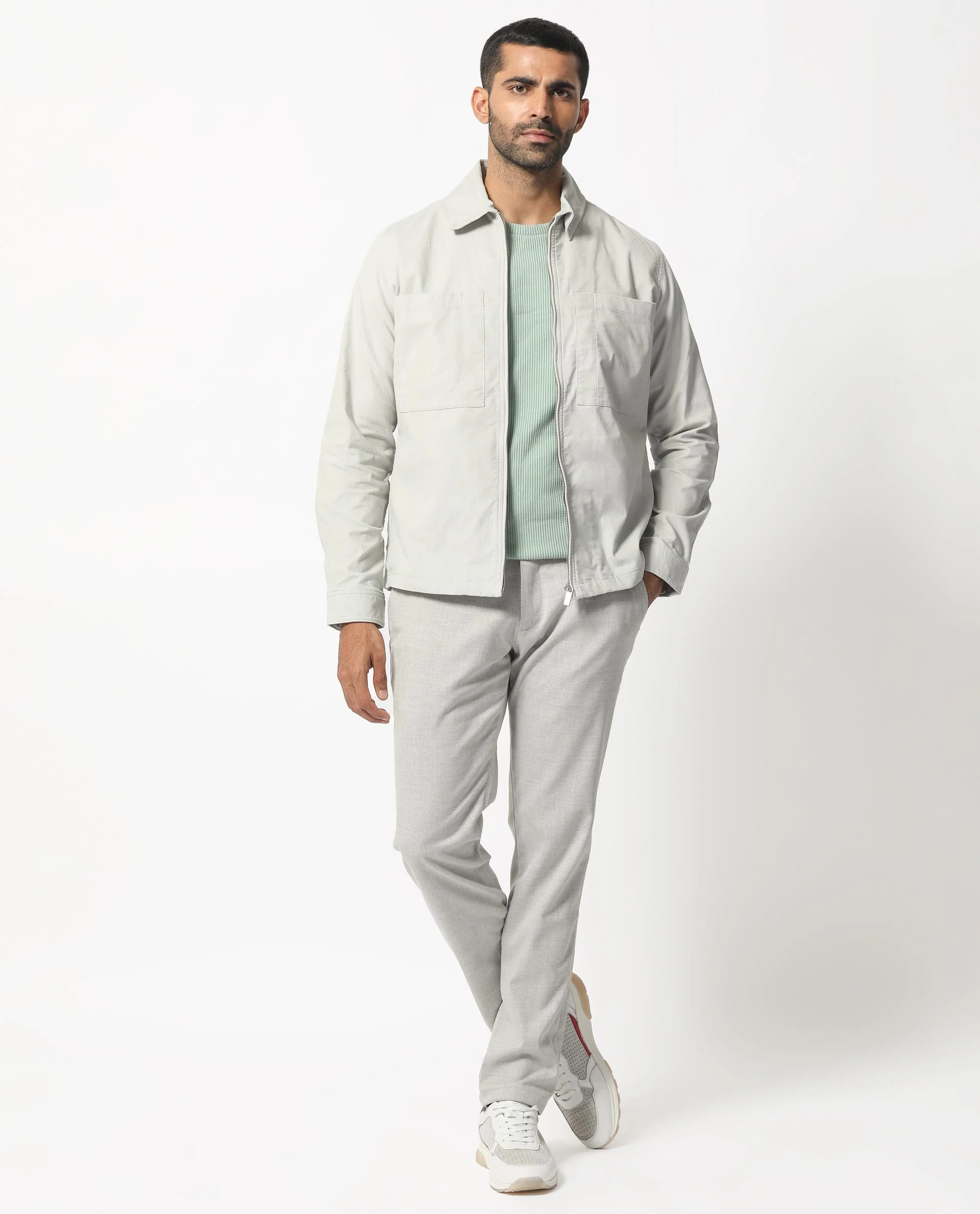 Rare Rabbit Men's Jilin Light Grey Cotton Plain Relaxed Fit Full Sleeve Collared Shacket - Image 3