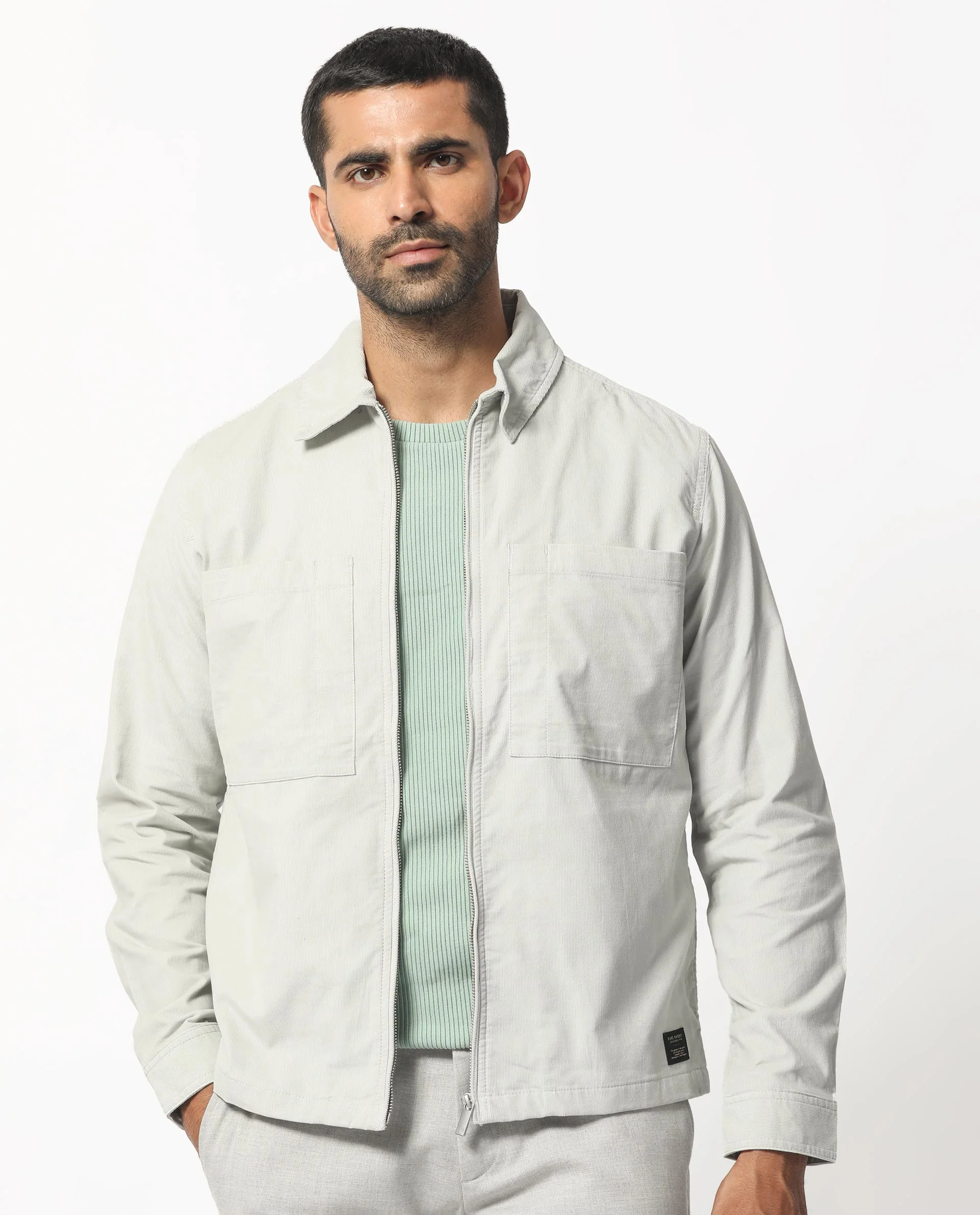 Rare Rabbit Men's Jilin Light Grey Cotton Plain Relaxed Fit Full Sleeve Collared Shacket - Image 4