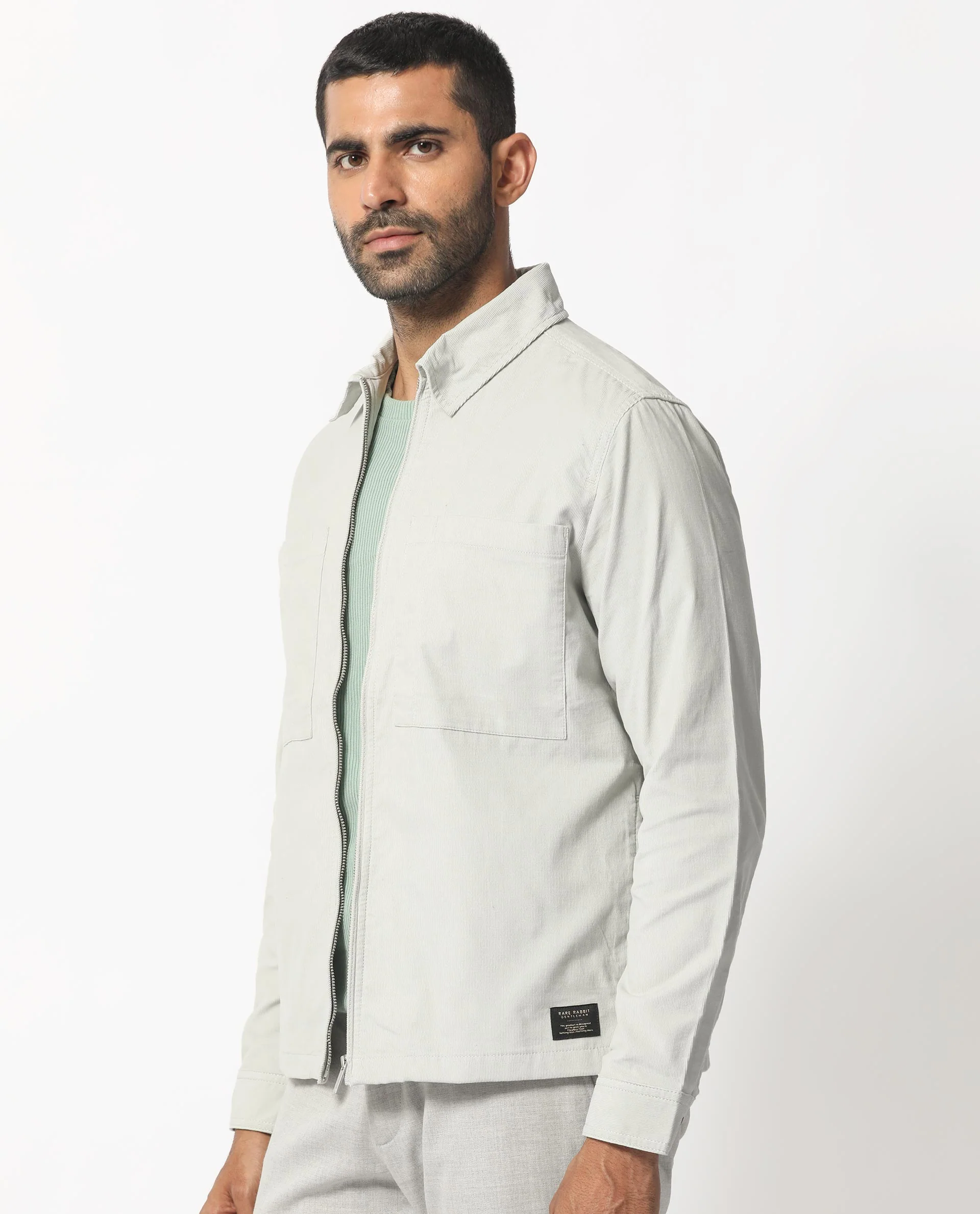 Rare Rabbit Men's Jilin Light Grey Cotton Plain Relaxed Fit Full Sleeve Collared Shacket - Image 5