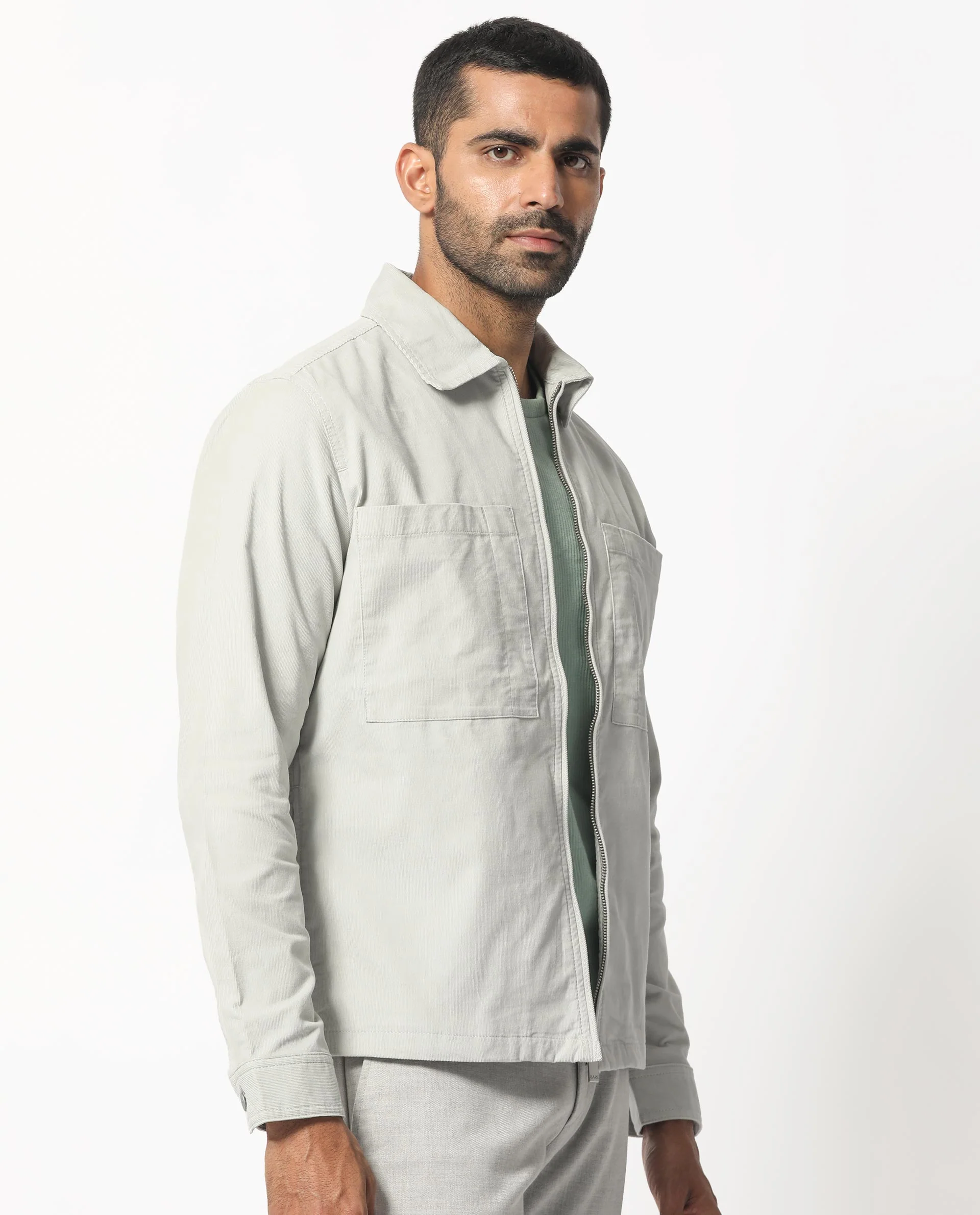Rare Rabbit Men's Jilin Light Grey Cotton Plain Relaxed Fit Full Sleeve Collared Shacket - Image 6