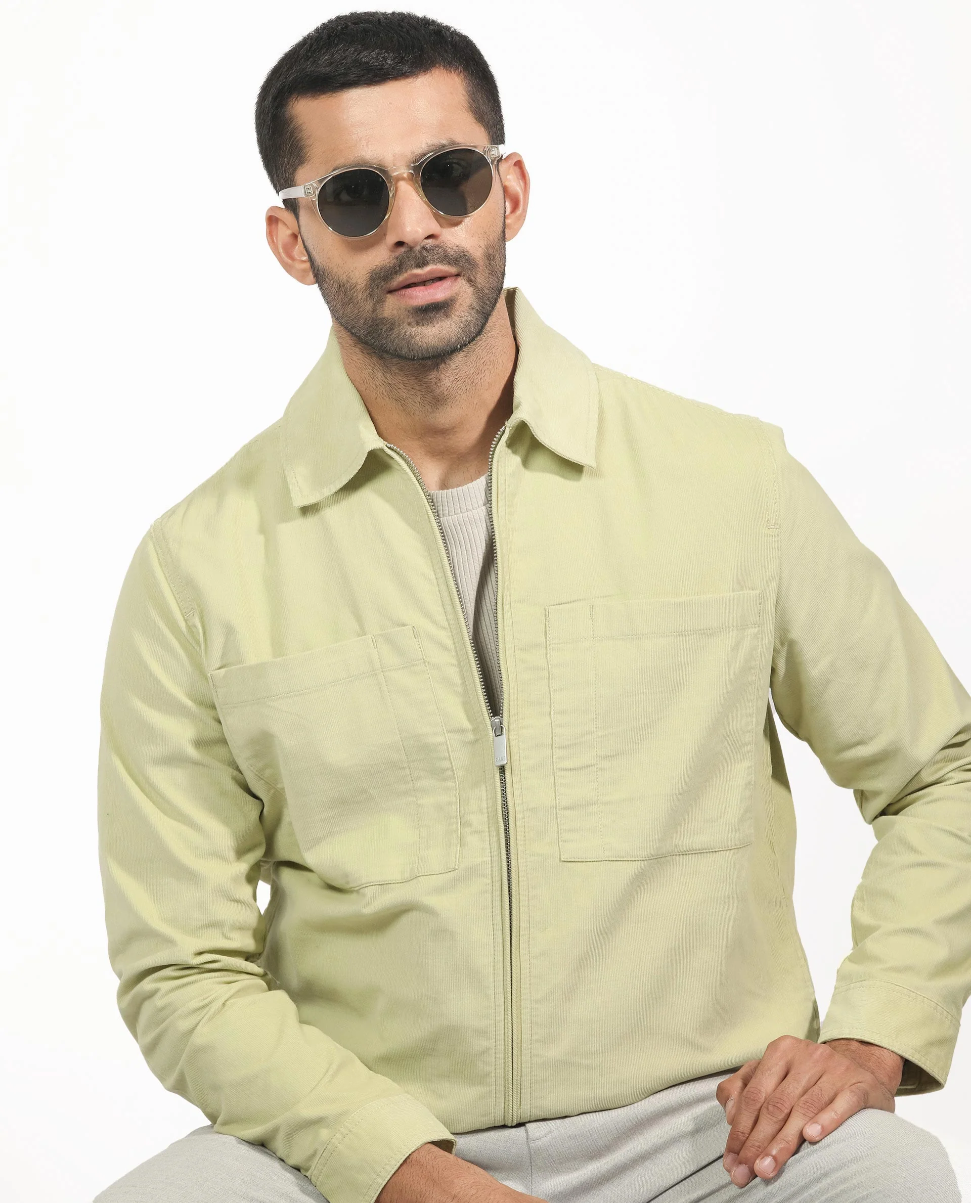 Rare Rabbit Men's Jilin Pastel Green Cotton Plain Relaxed Fit Full Sleeve Collared Shacket