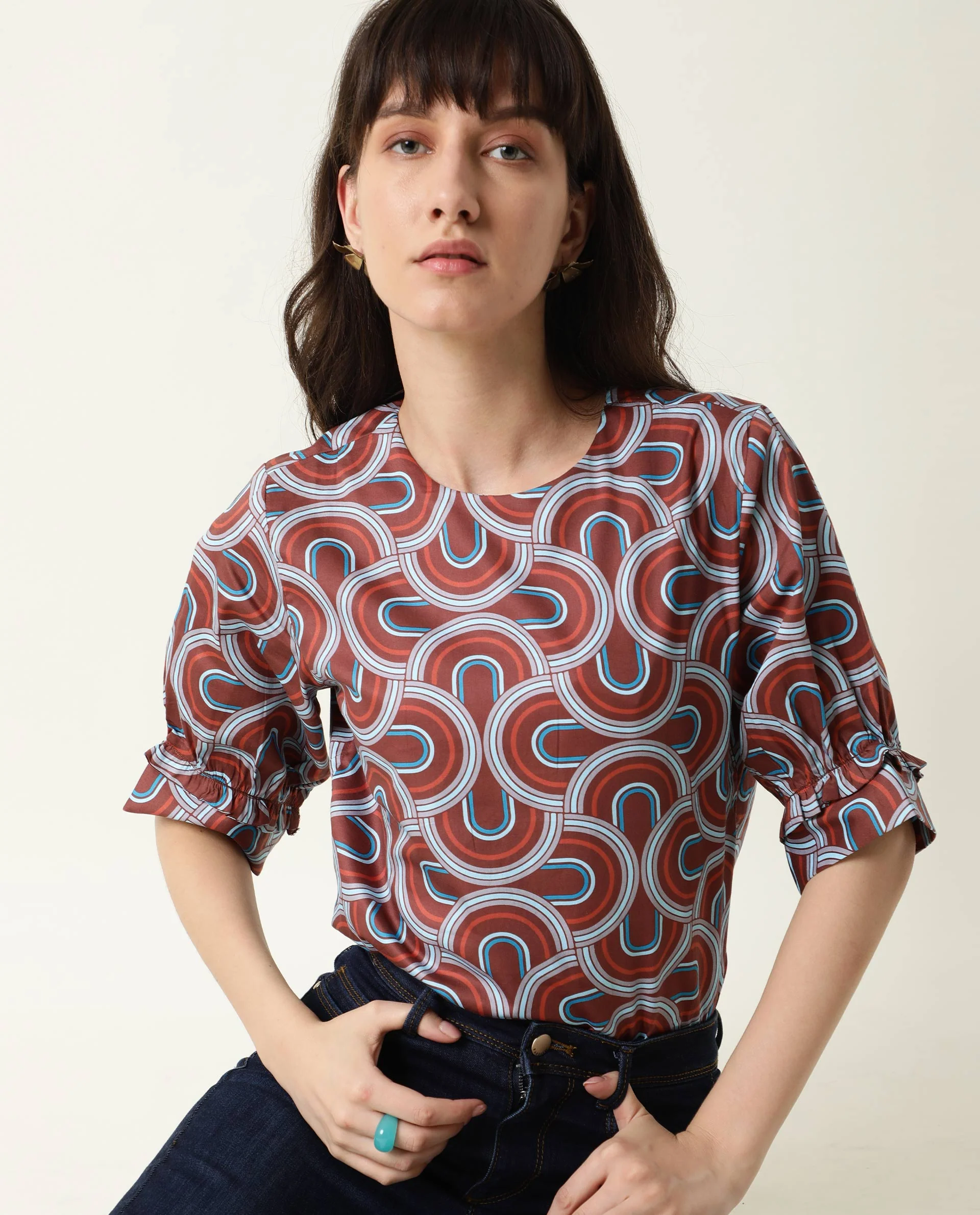 Rareism Women's Jimmi Brown Cotton Crew Neck Geometric Print Regular Fit Top