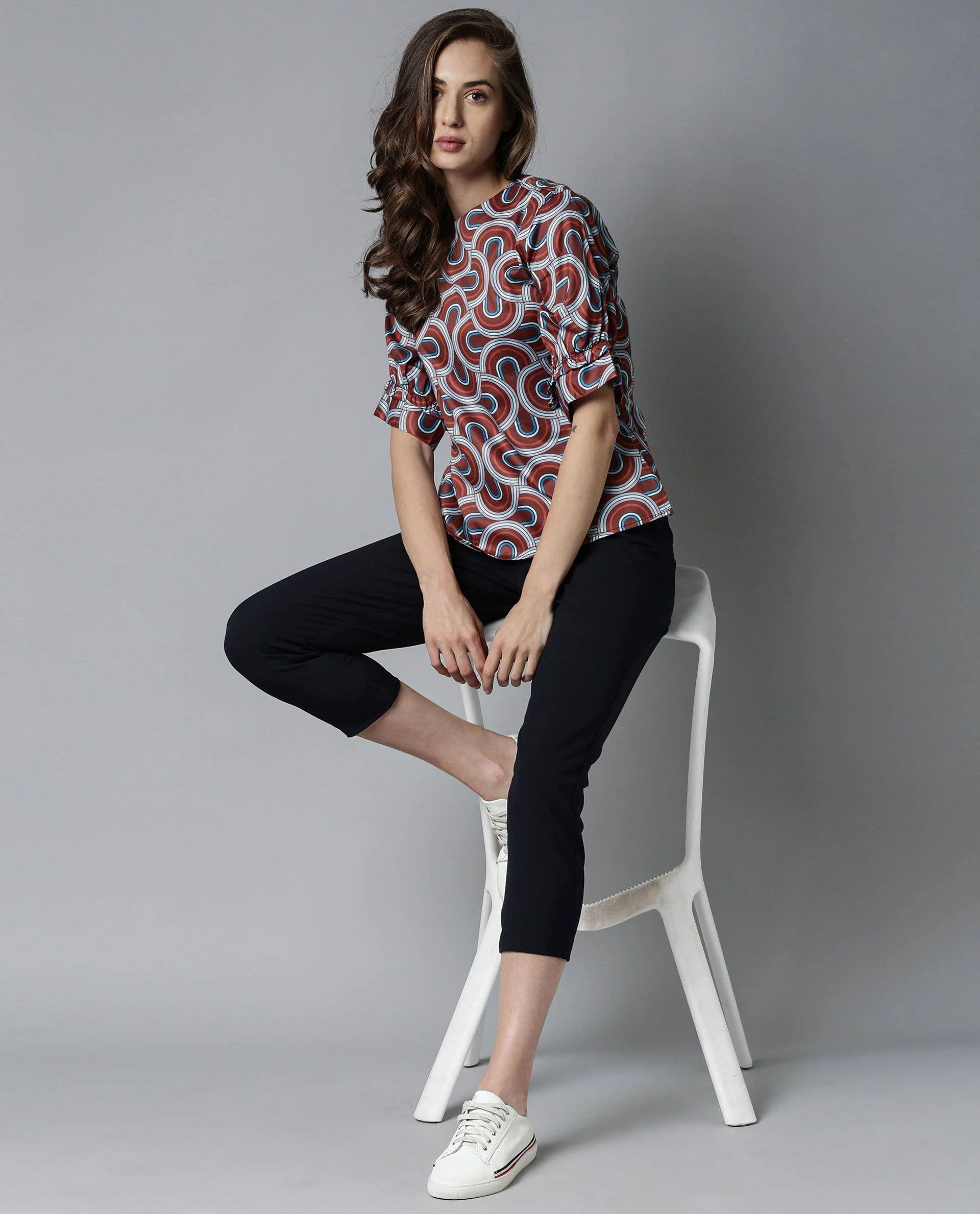 Rareism Women's Jimmi Brown Cotton Crew Neck Geometric Print Regular Fit Top - Image 10