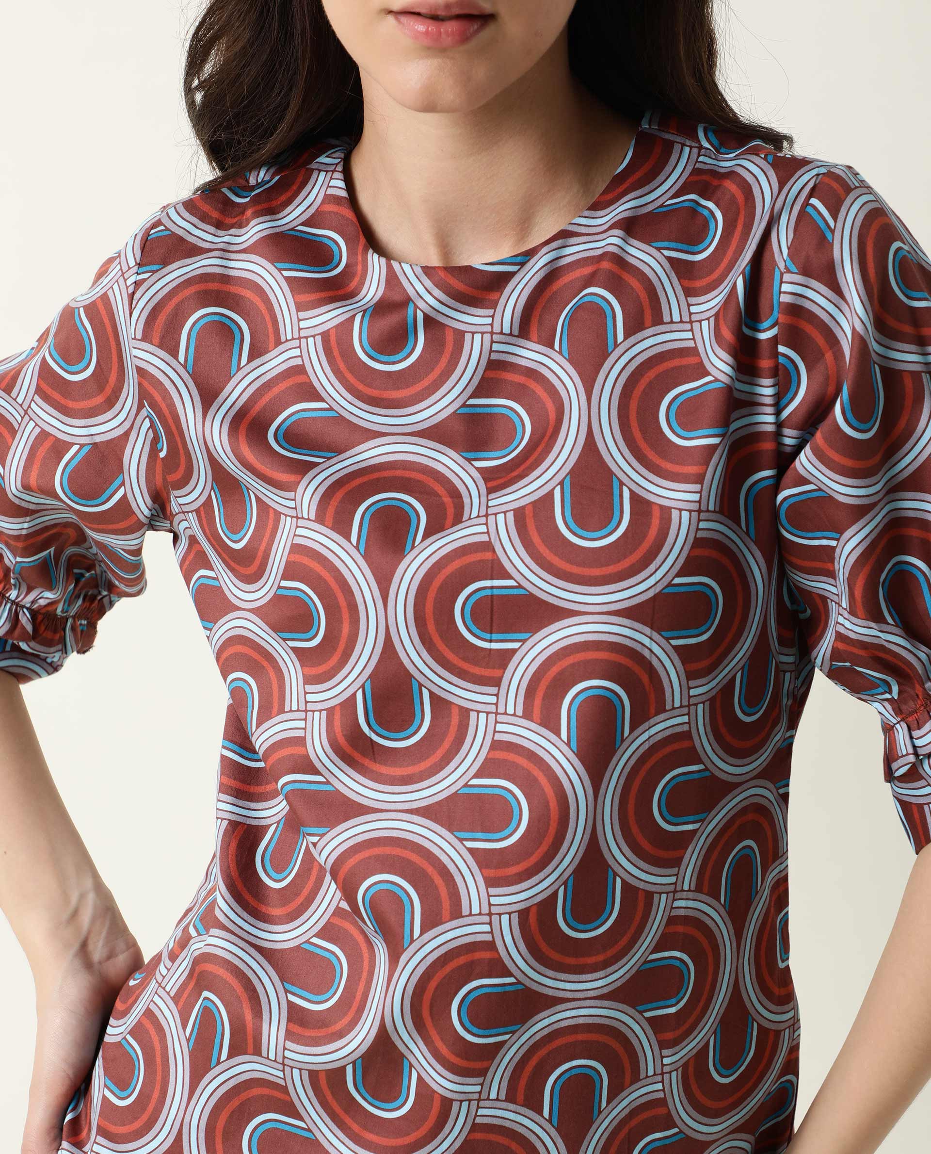 Rareism Women's Jimmi Brown Cotton Crew Neck Geometric Print Regular Fit Top - Image 12