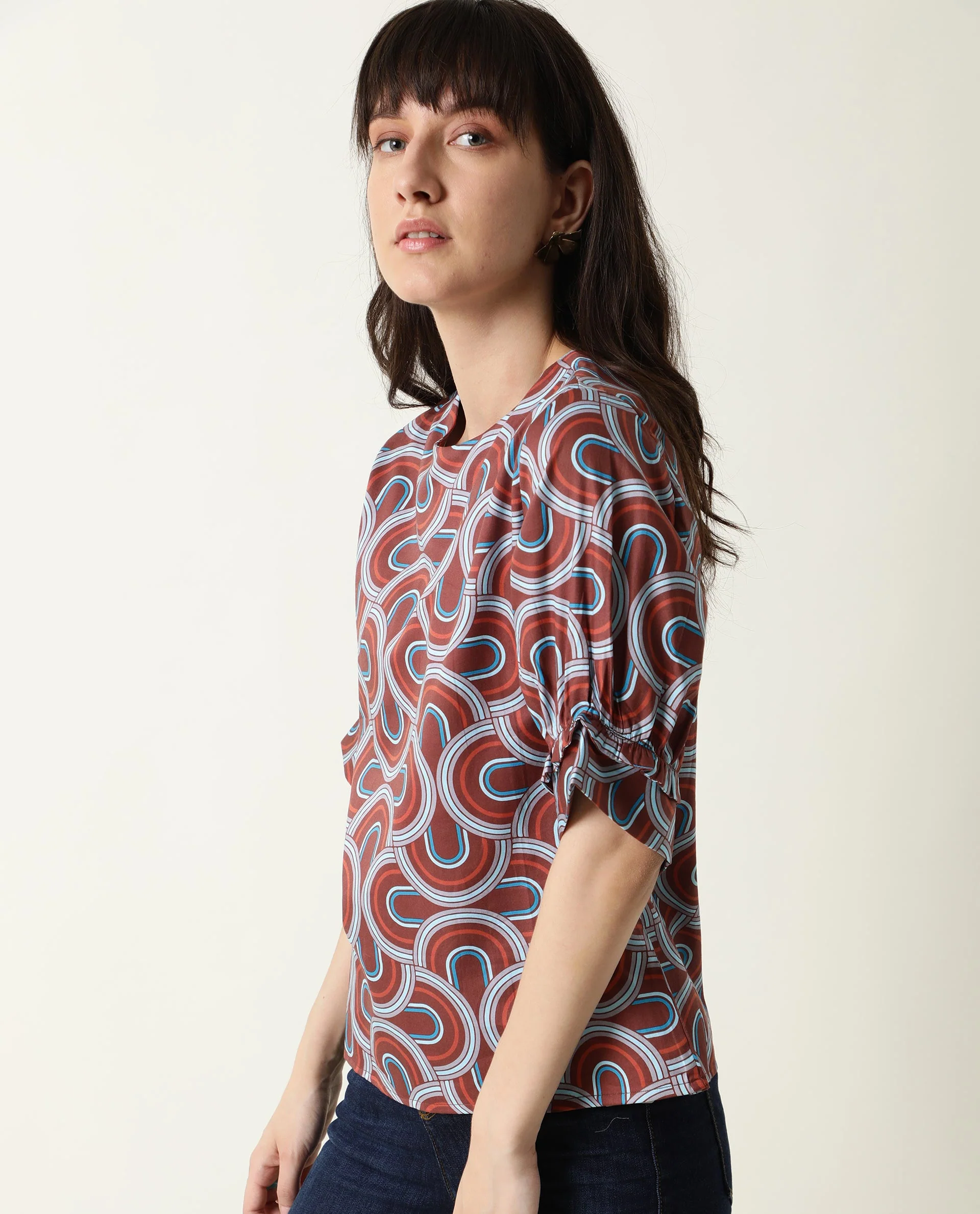 Rareism Women's Jimmi Brown Cotton Crew Neck Geometric Print Regular Fit Top - Image 13