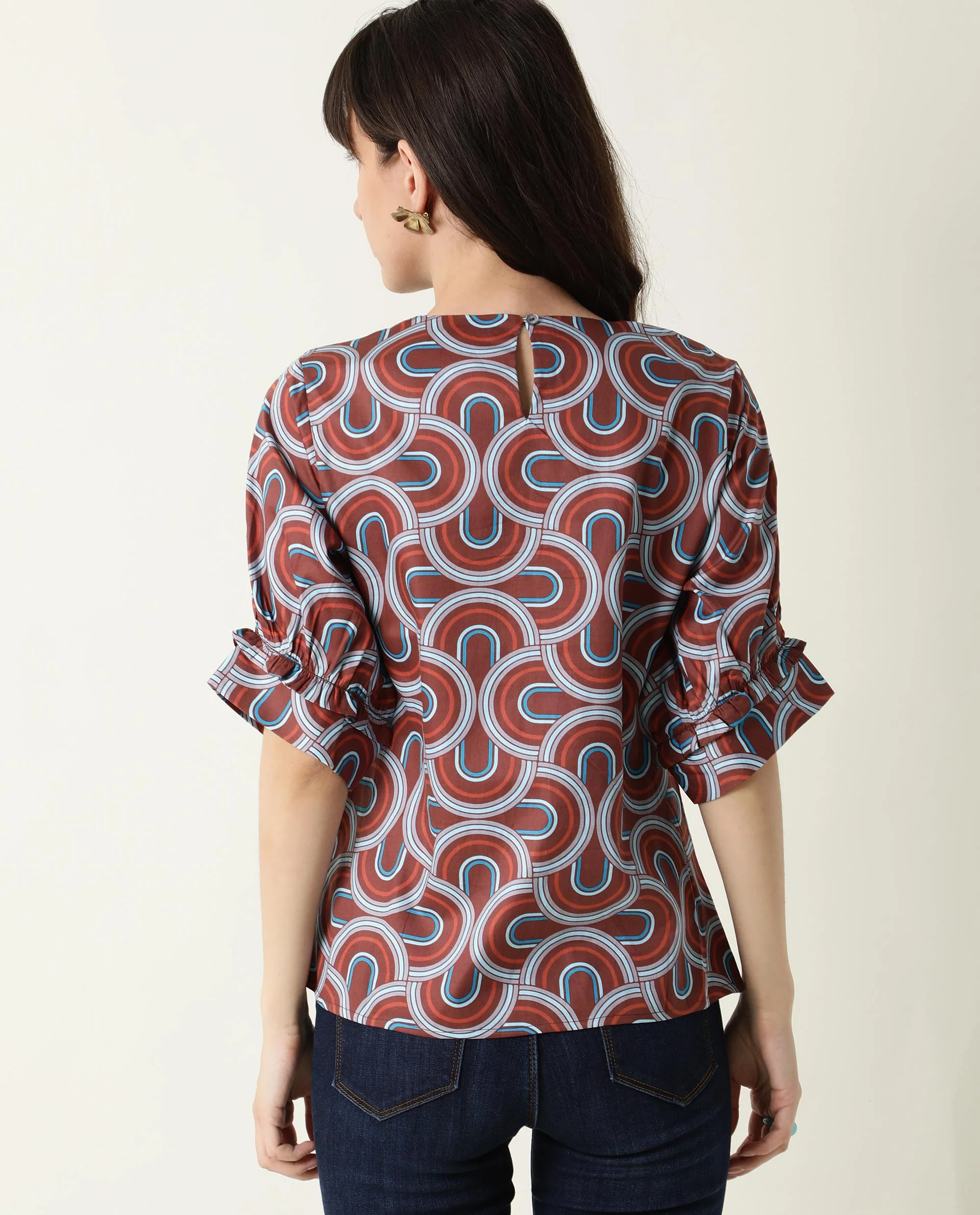Rareism Women's Jimmi Brown Cotton Crew Neck Geometric Print Regular Fit Top - Image 14