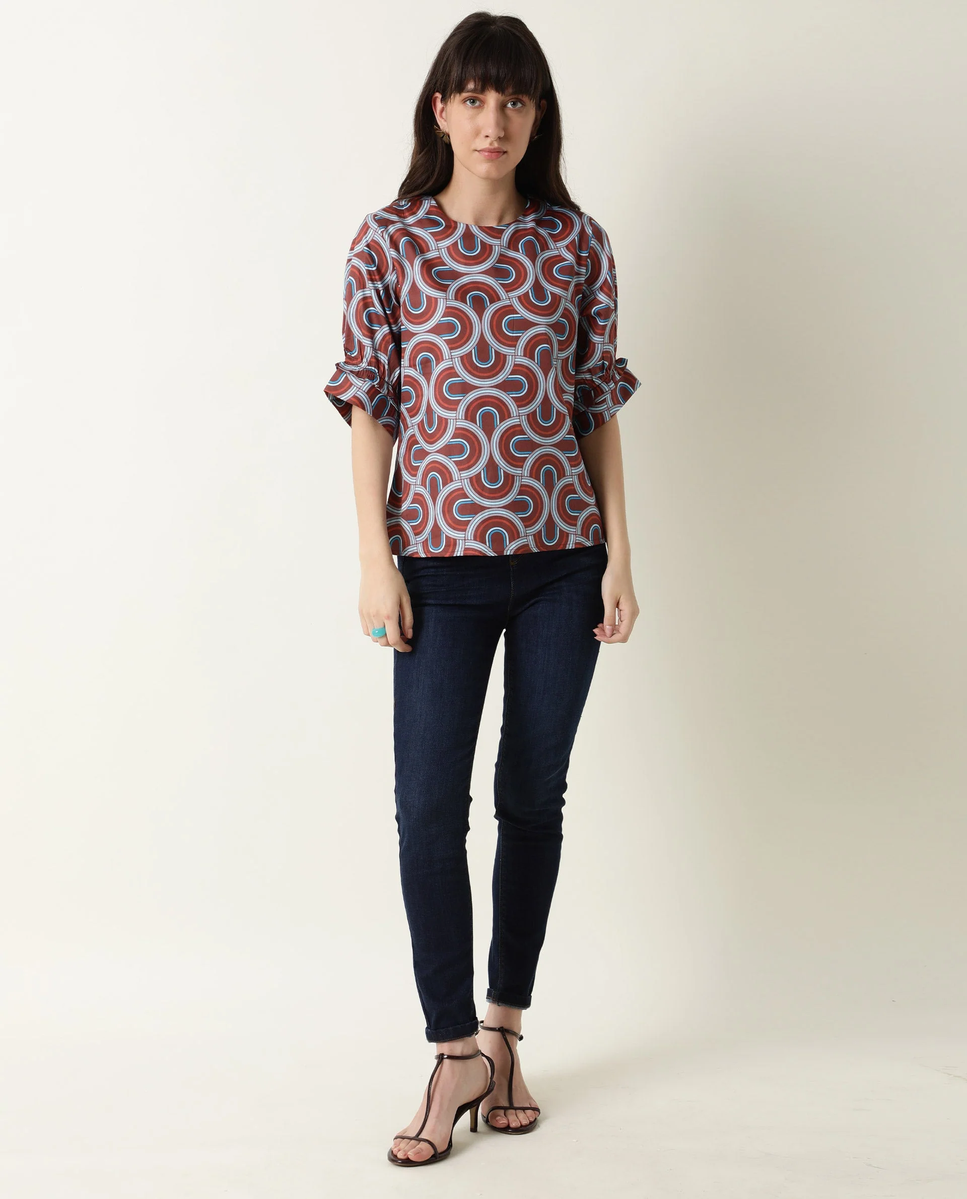 Rareism Women's Jimmi Brown Cotton Crew Neck Geometric Print Regular Fit Top - Image 2