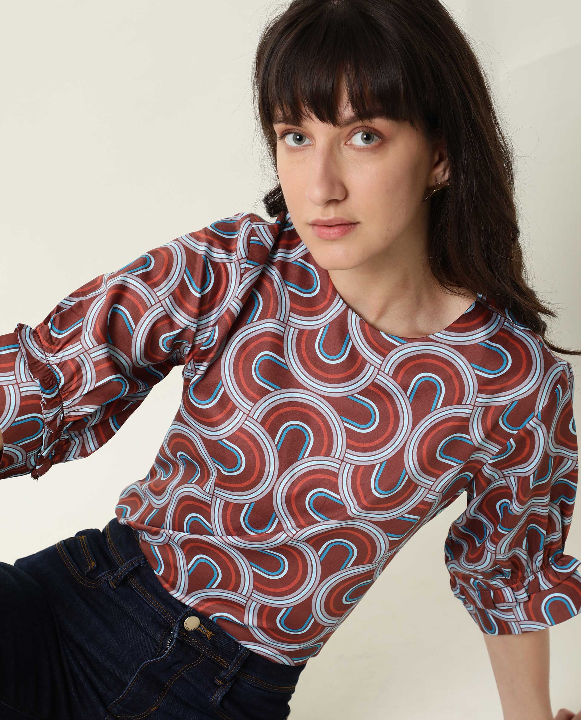 Rareism Women's Jimmi Brown Cotton Crew Neck Geometric Print Regular Fit Top - Image 3
