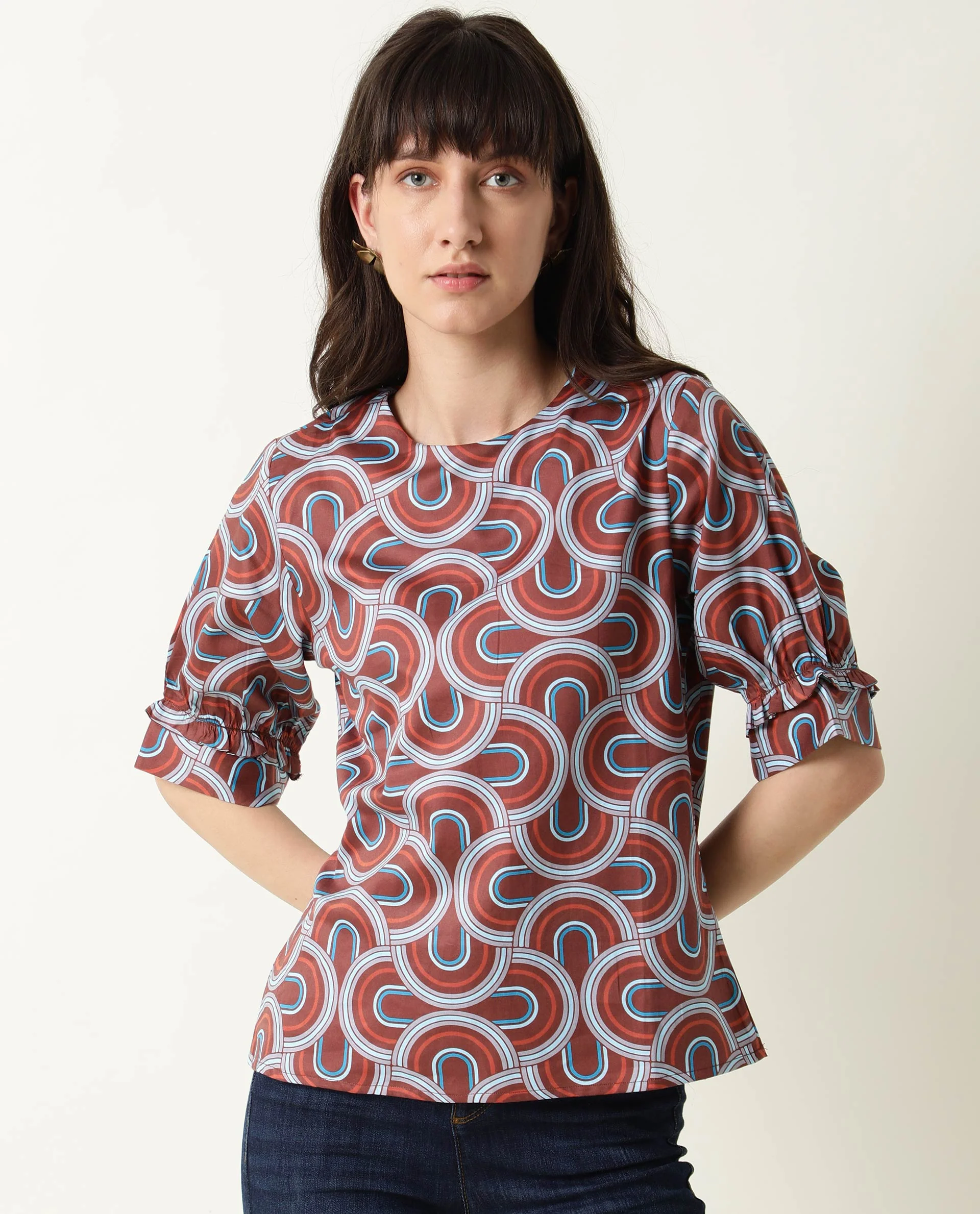 Rareism Women's Jimmi Brown Cotton Crew Neck Geometric Print Regular Fit Top - Image 4