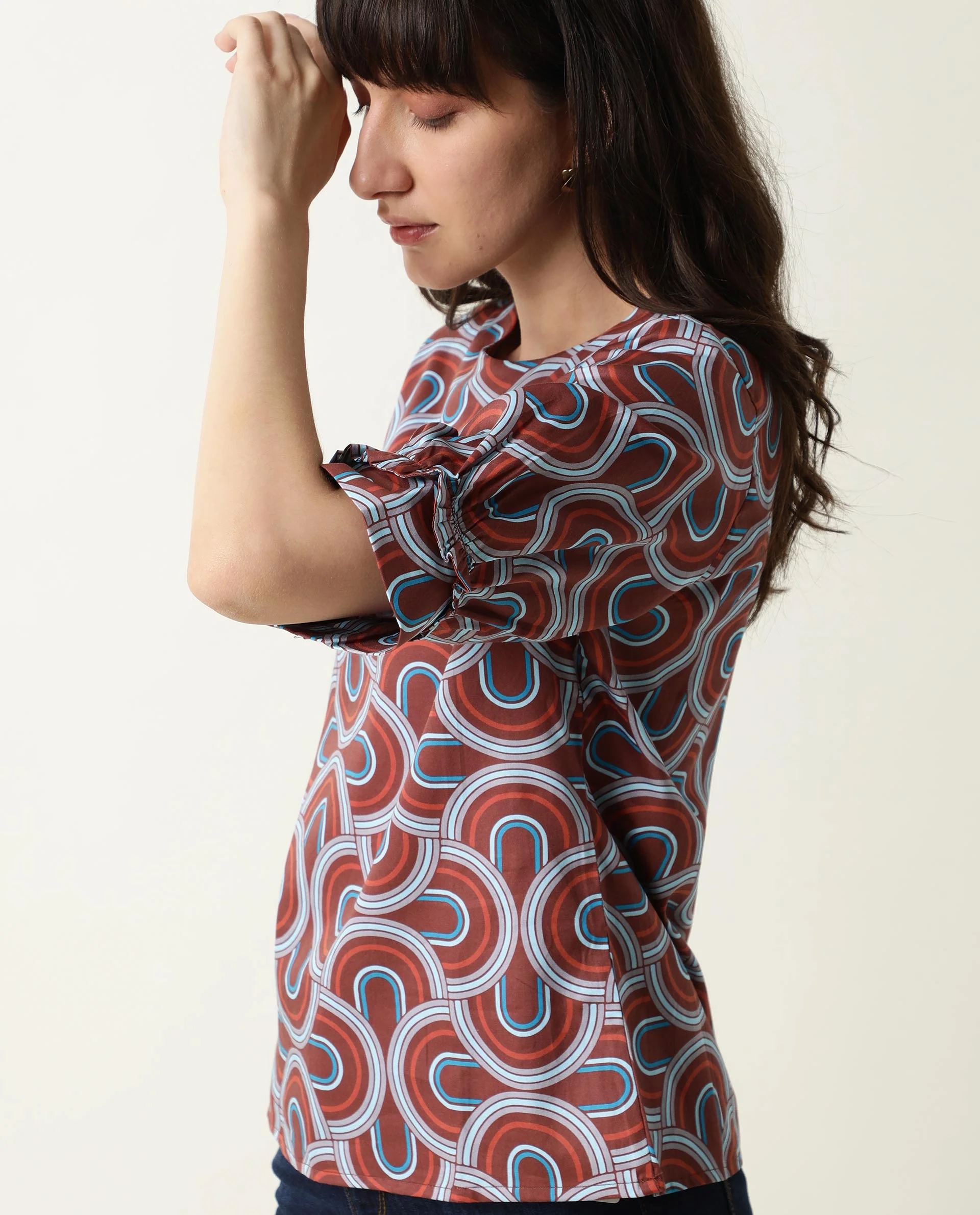 Rareism Women's Jimmi Brown Cotton Crew Neck Geometric Print Regular Fit Top - Image 5