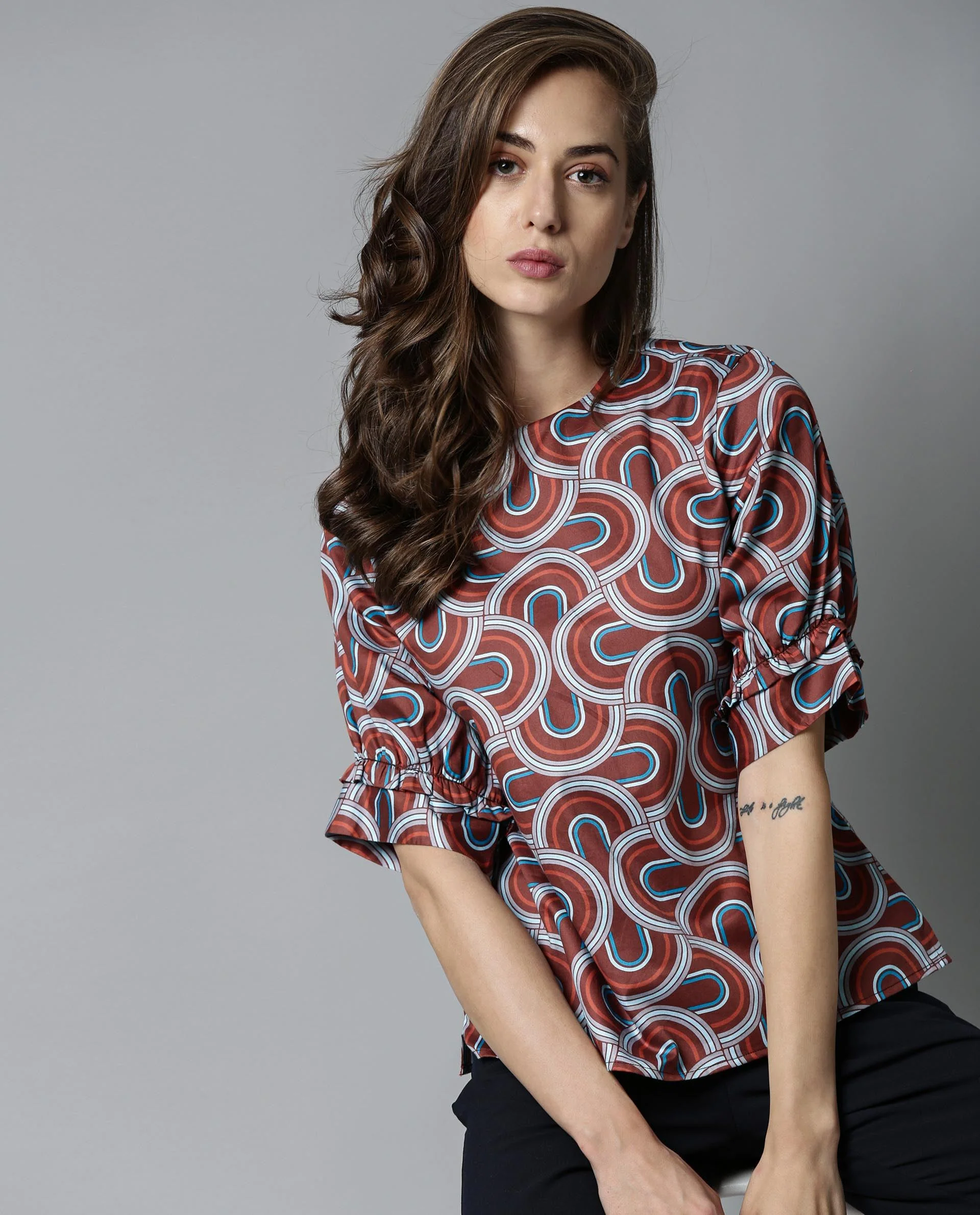 Rareism Women's Jimmi Brown Cotton Crew Neck Geometric Print Regular Fit Top - Image 6