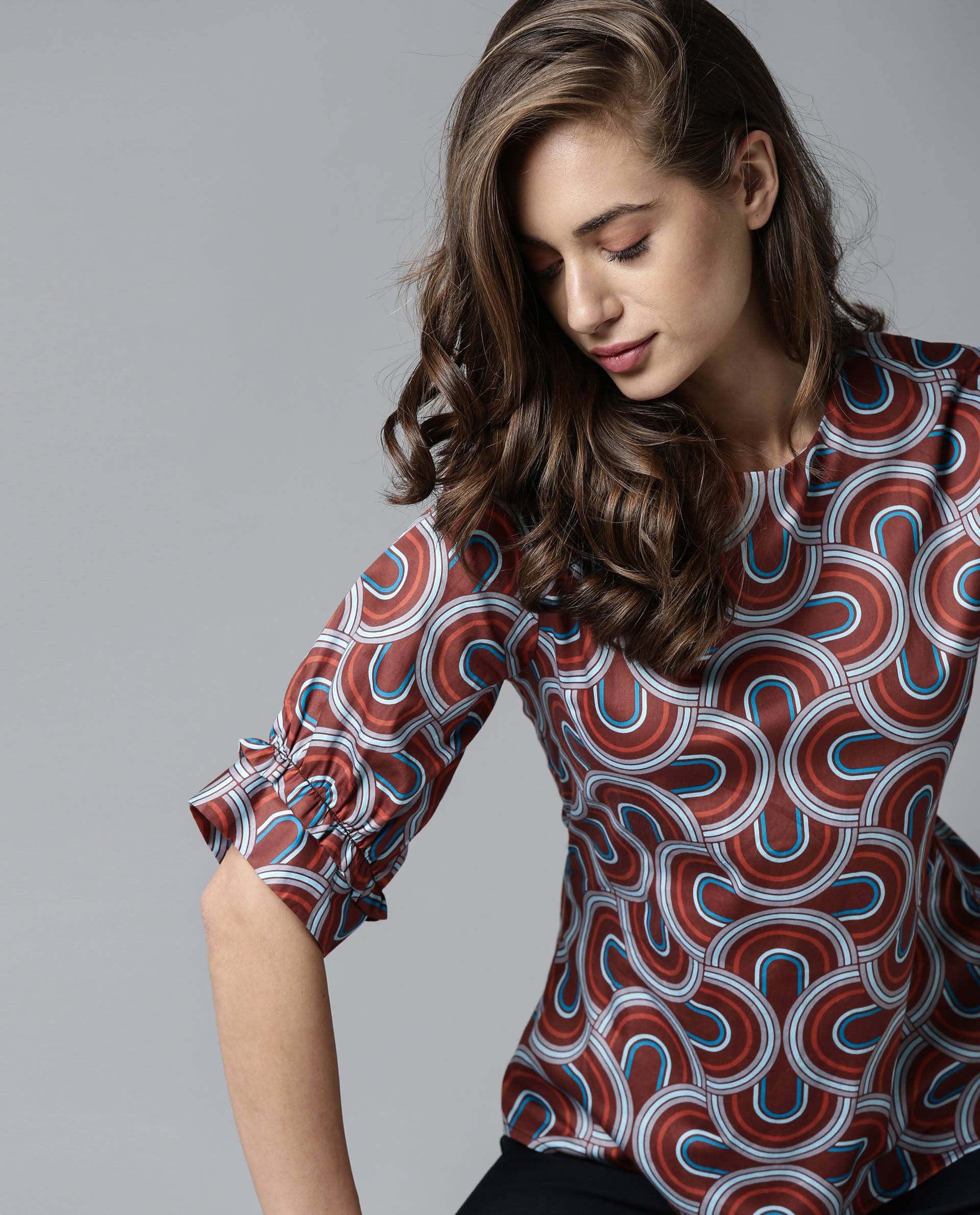 Rareism Women's Jimmi Brown Cotton Crew Neck Geometric Print Regular Fit Top - Image 7