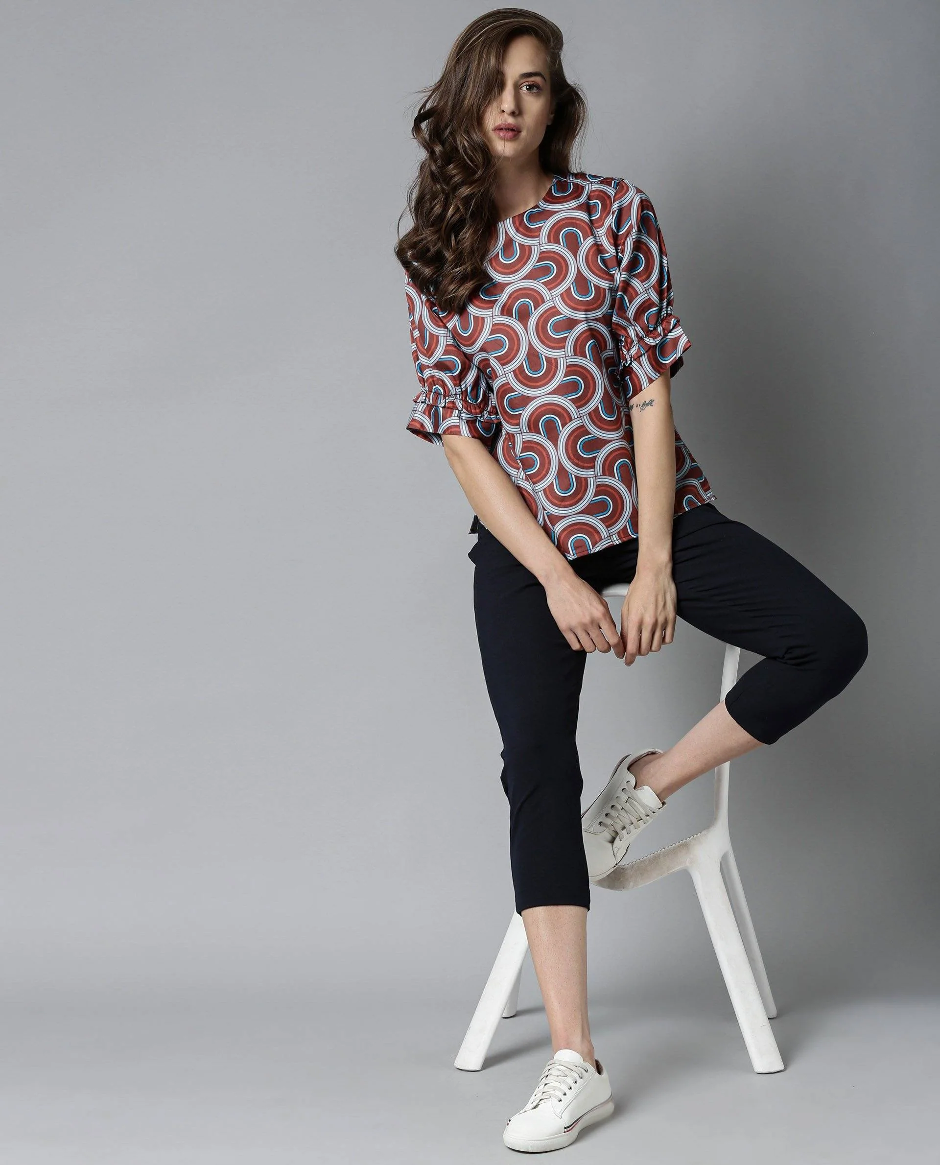 Rareism Women's Jimmi Brown Cotton Crew Neck Geometric Print Regular Fit Top - Image 8