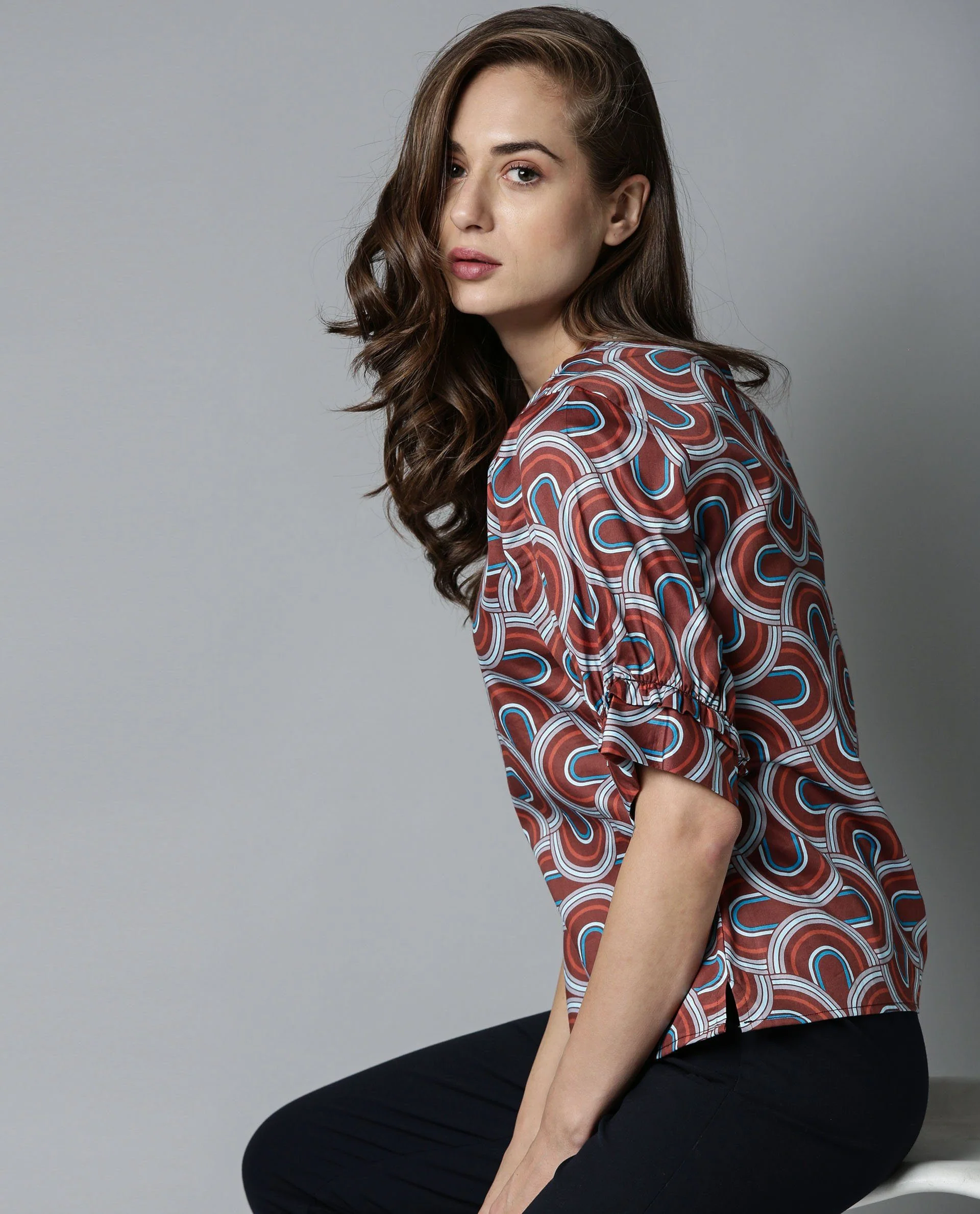 Rareism Women's Jimmi Brown Cotton Crew Neck Geometric Print Regular Fit Top - Image 9