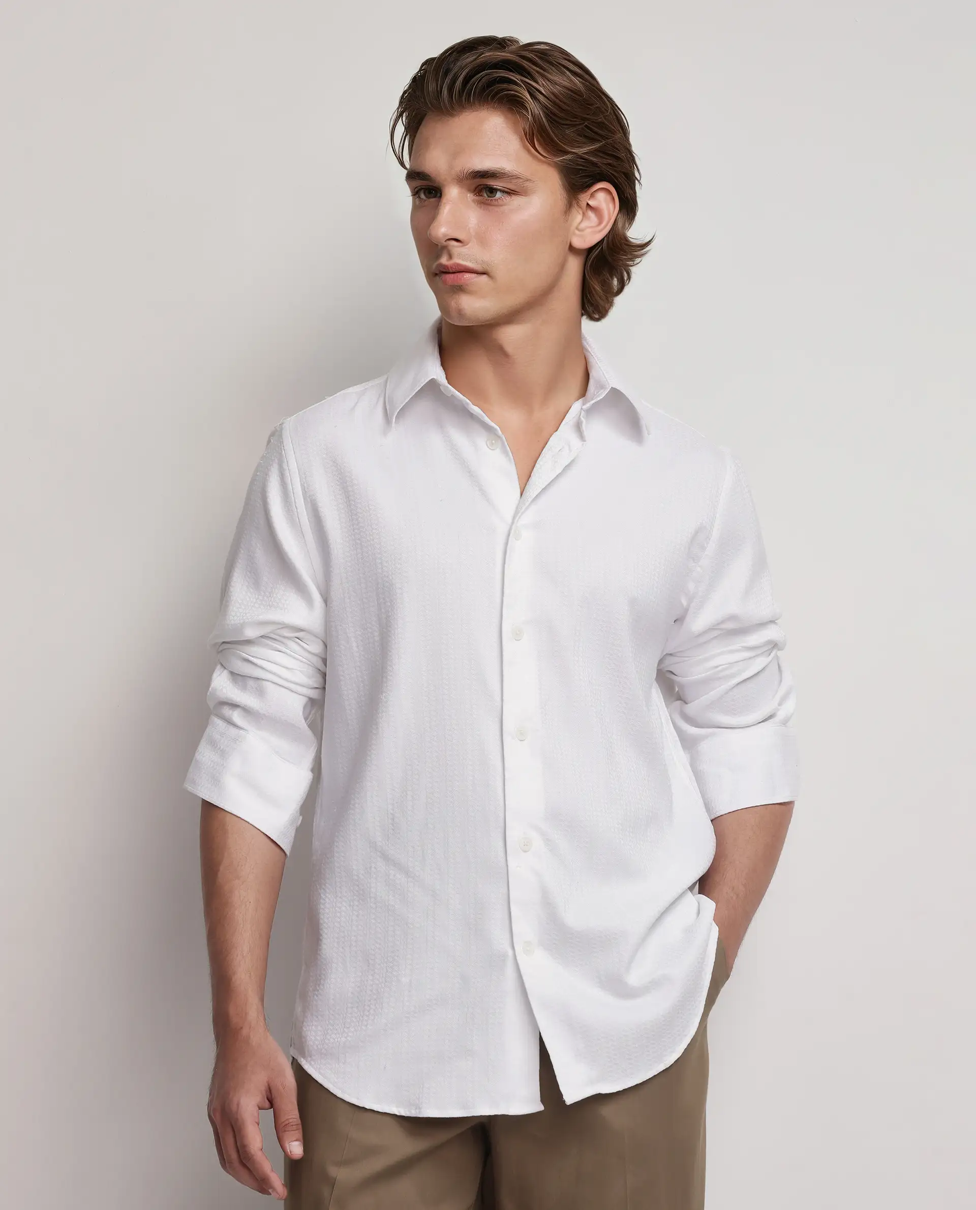 Rare Rabbit Men's Jin White Viscose Plain Regular Fit Full Sleeve Collared Shirt