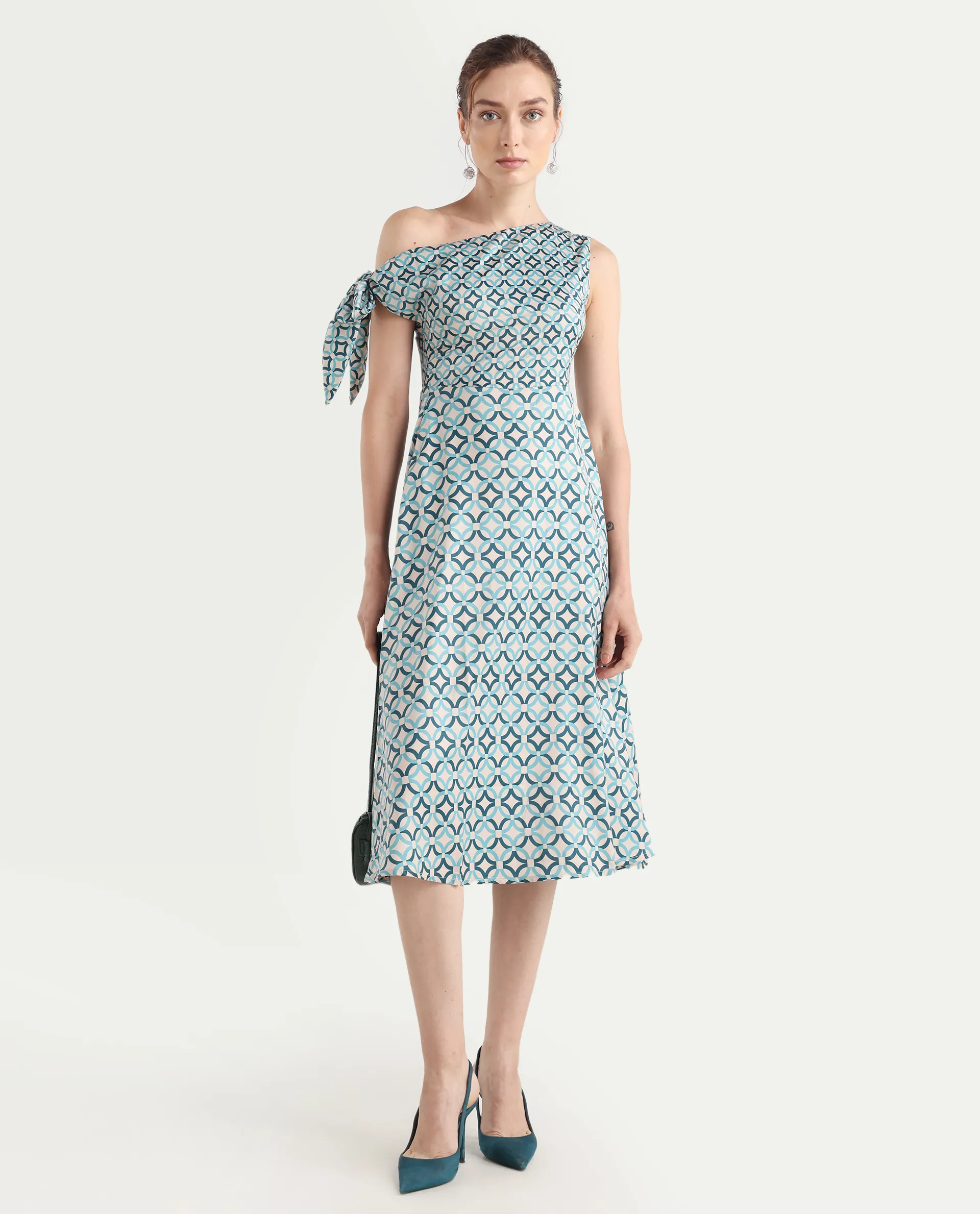 Rareism Women's Jinican Light Multi Satin Asymmetric Neck Geometric Print Tie Up Sleeve Midi Asymmetric Dress - Image 2