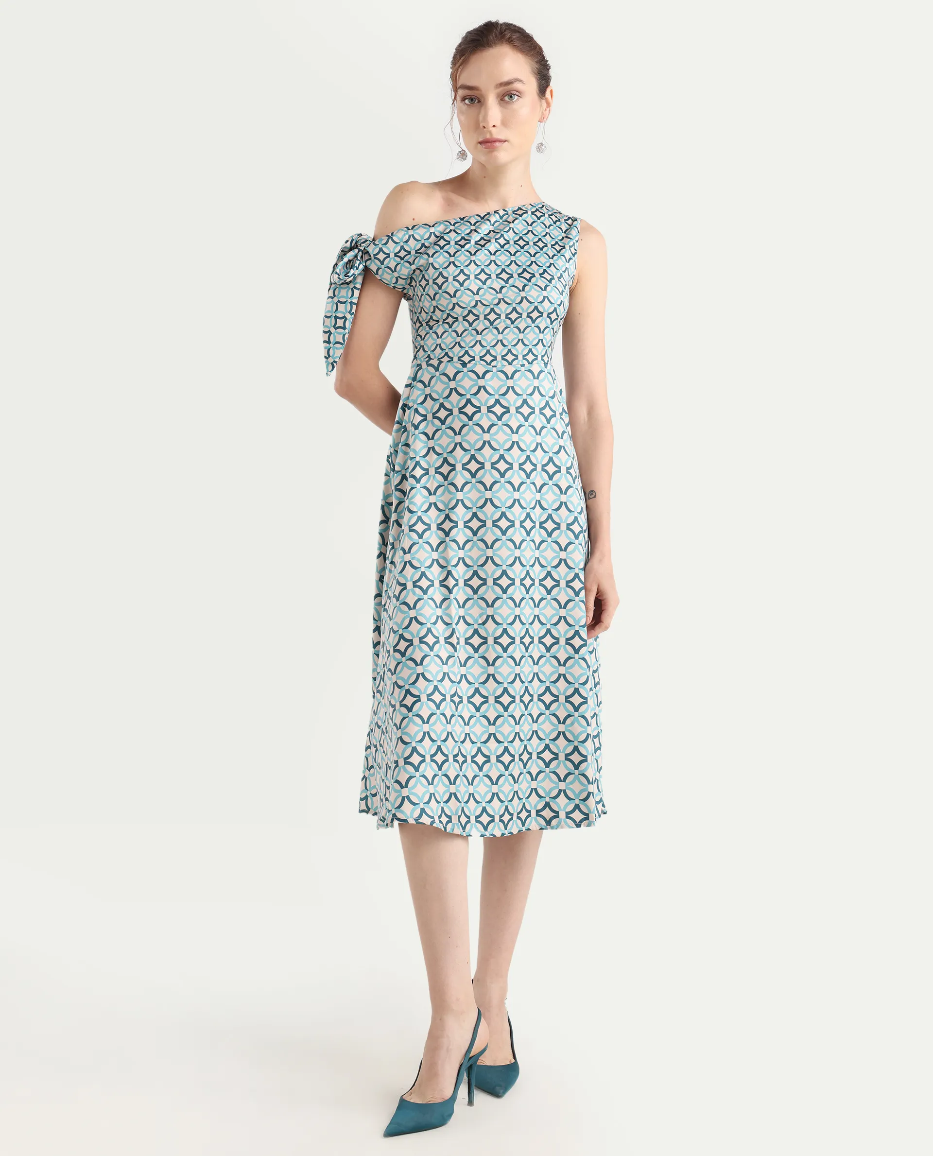 Rareism Women's Jinican Light Multi Satin Asymmetric Neck Geometric Print Tie Up Sleeve Midi Asymmetric Dress - Image 3