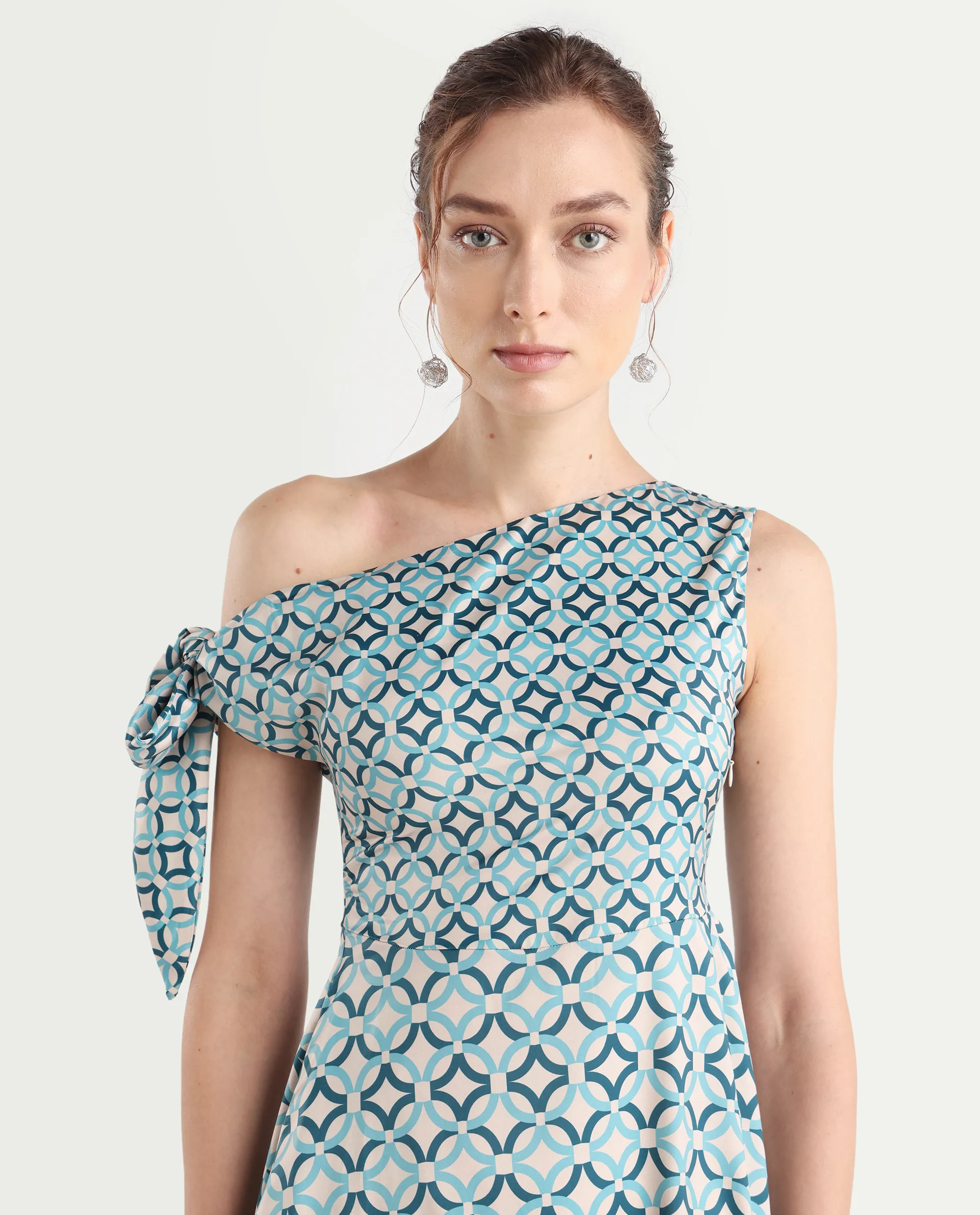 Rareism Women's Jinican Light Multi Satin Asymmetric Neck Geometric Print Tie Up Sleeve Midi Asymmetric Dress - Image 4