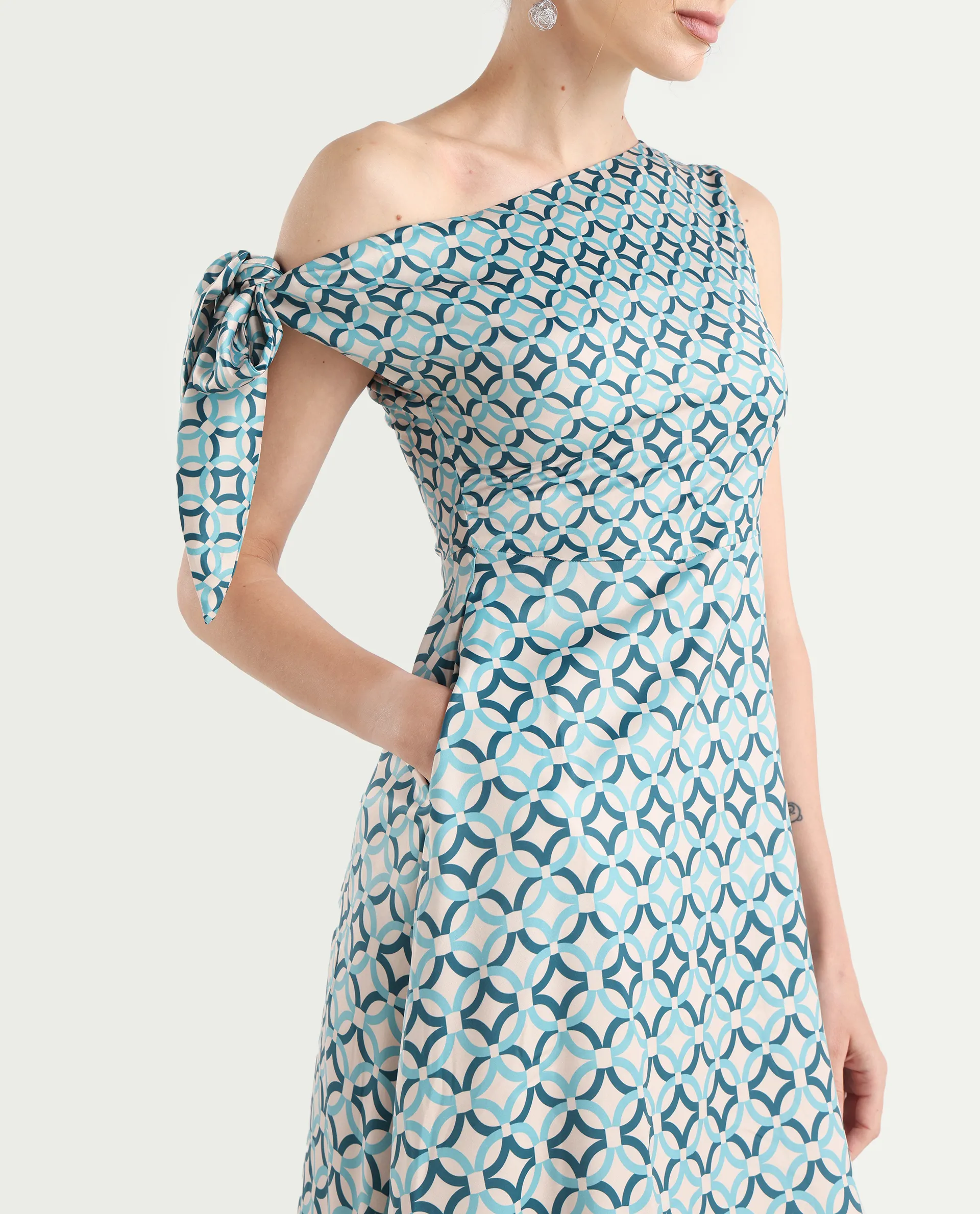 Rareism Women's Jinican Light Multi Satin Asymmetric Neck Geometric Print Tie Up Sleeve Midi Asymmetric Dress - Image 5