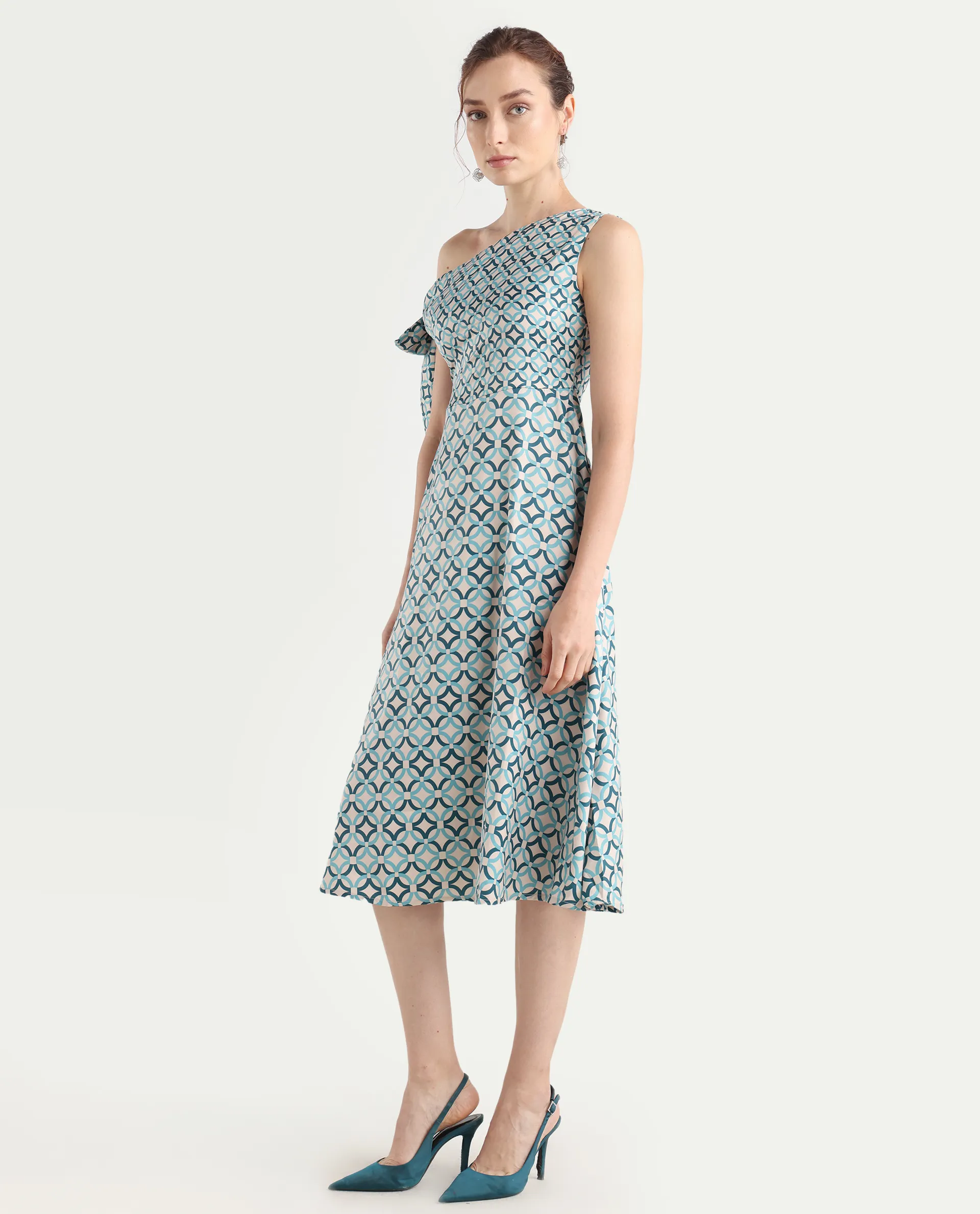 Rareism Women's Jinican Light Multi Satin Asymmetric Neck Geometric Print Tie Up Sleeve Midi Asymmetric Dress - Image 6