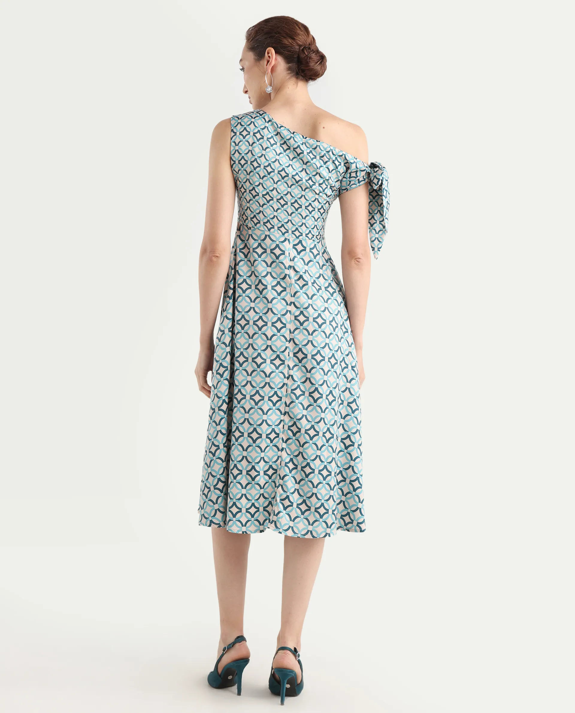 Rareism Women's Jinican Light Multi Satin Asymmetric Neck Geometric Print Tie Up Sleeve Midi Asymmetric Dress - Image 8