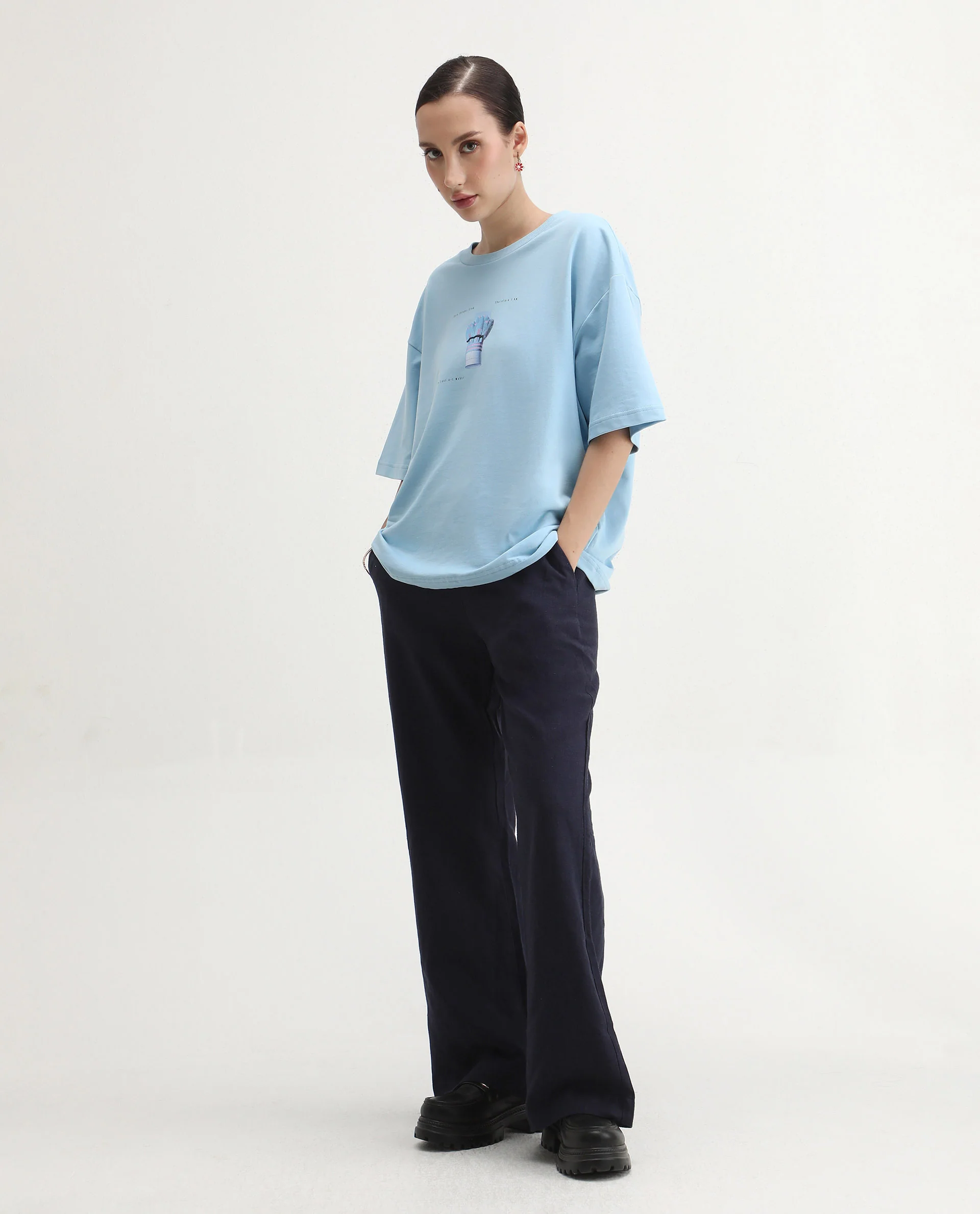Rareism Women's Jinx Blue Cotton Graphic Print Oversized T-Shirt - Image 2