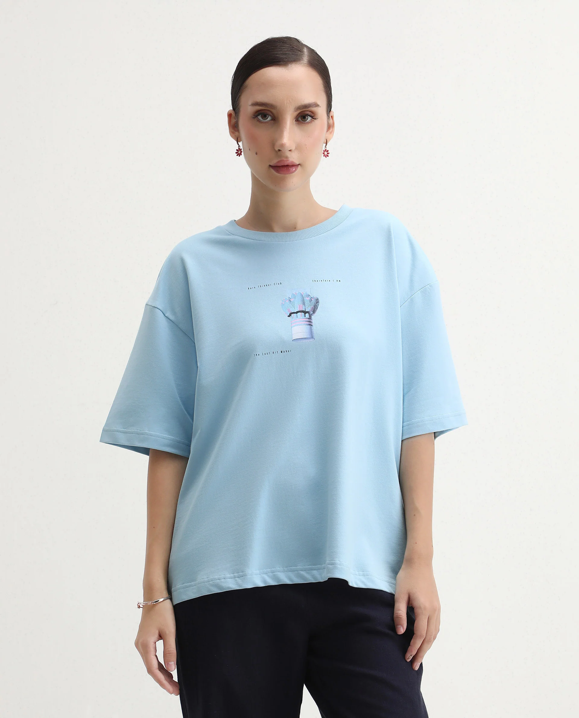 Rareism Women's Jinx Blue Cotton Graphic Print Oversized T-Shirt - Image 3