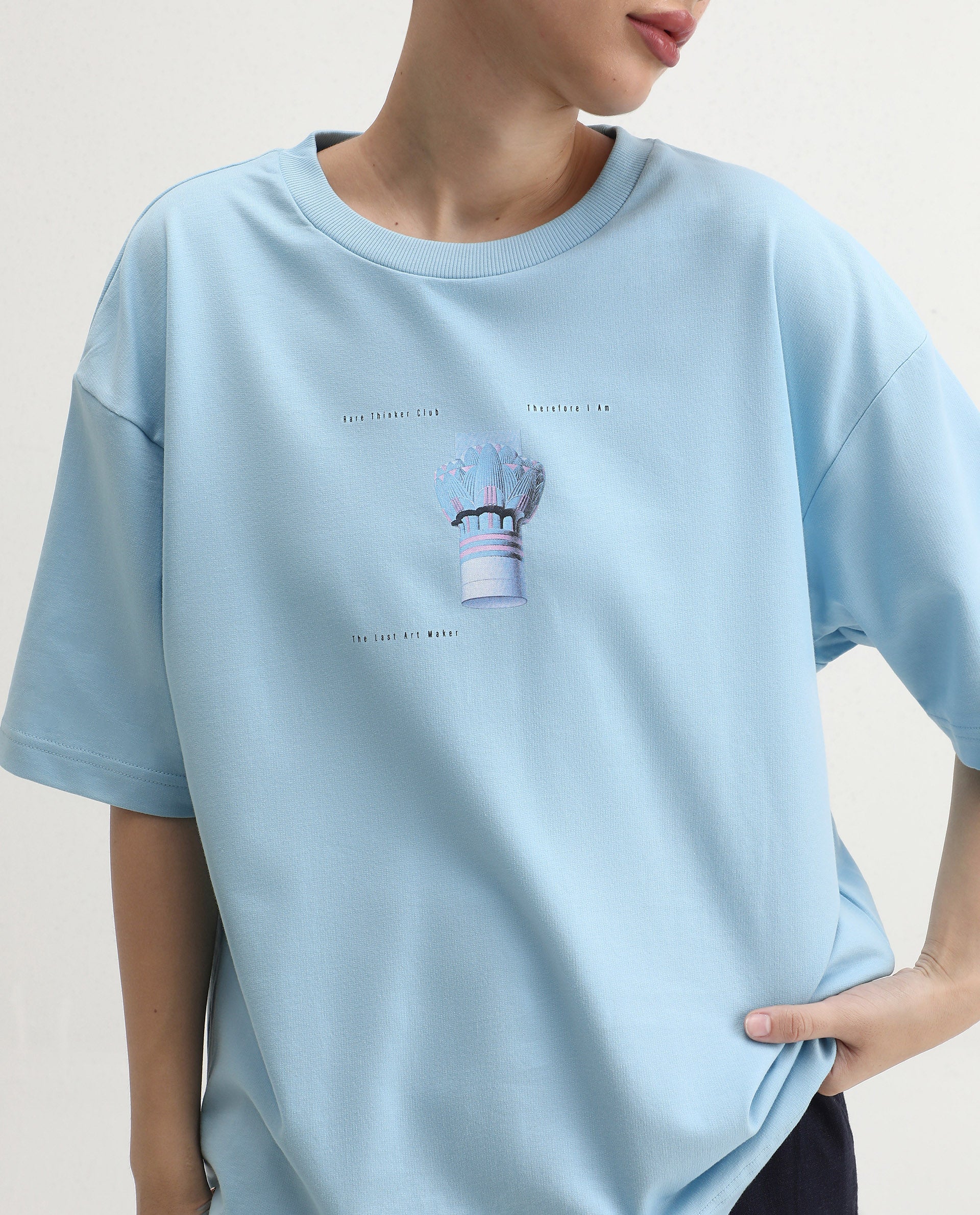 Rareism Women's Jinx Blue Cotton Graphic Print Oversized T-Shirt - Image 4