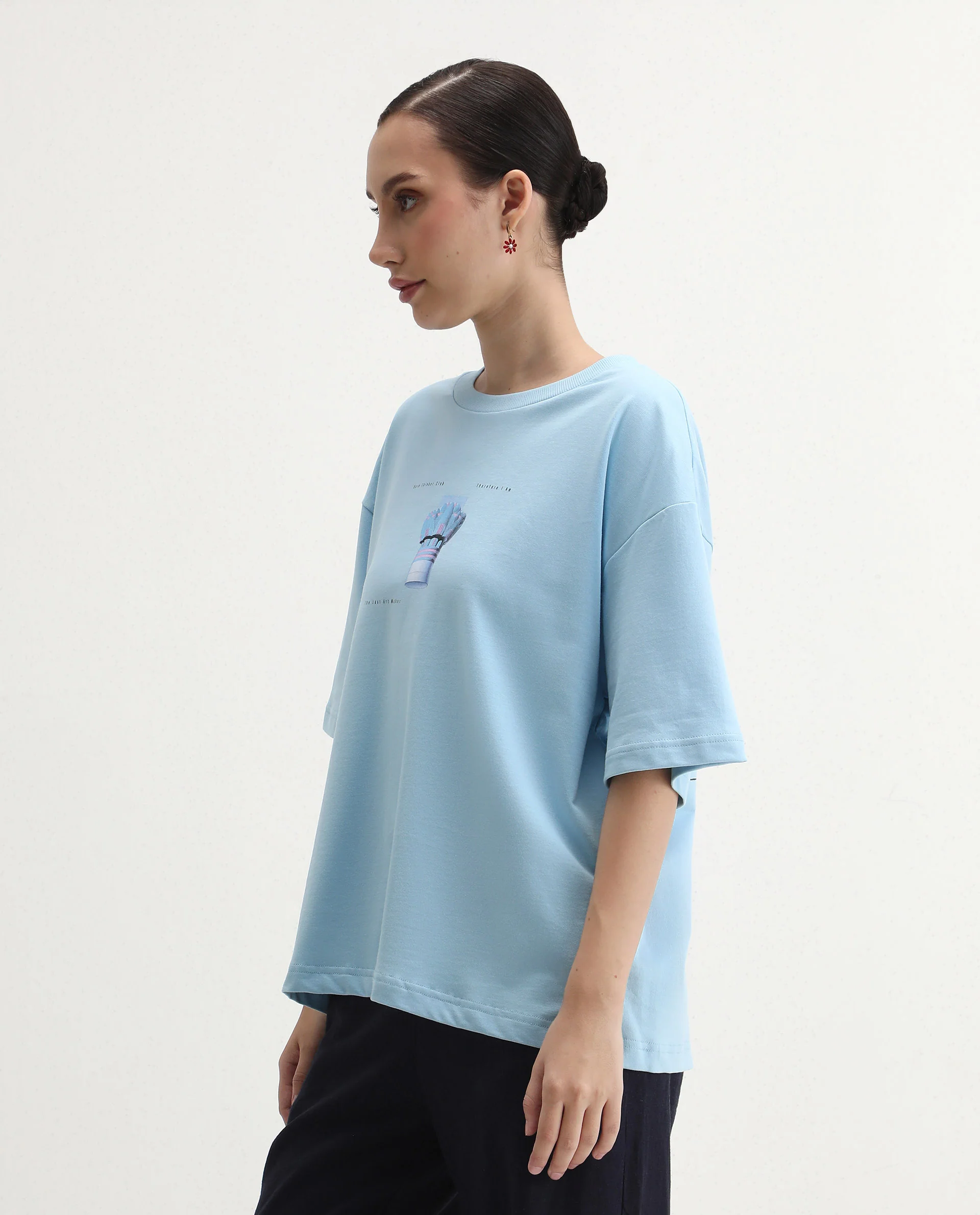 Rareism Women's Jinx Blue Cotton Graphic Print Oversized T-Shirt - Image 5