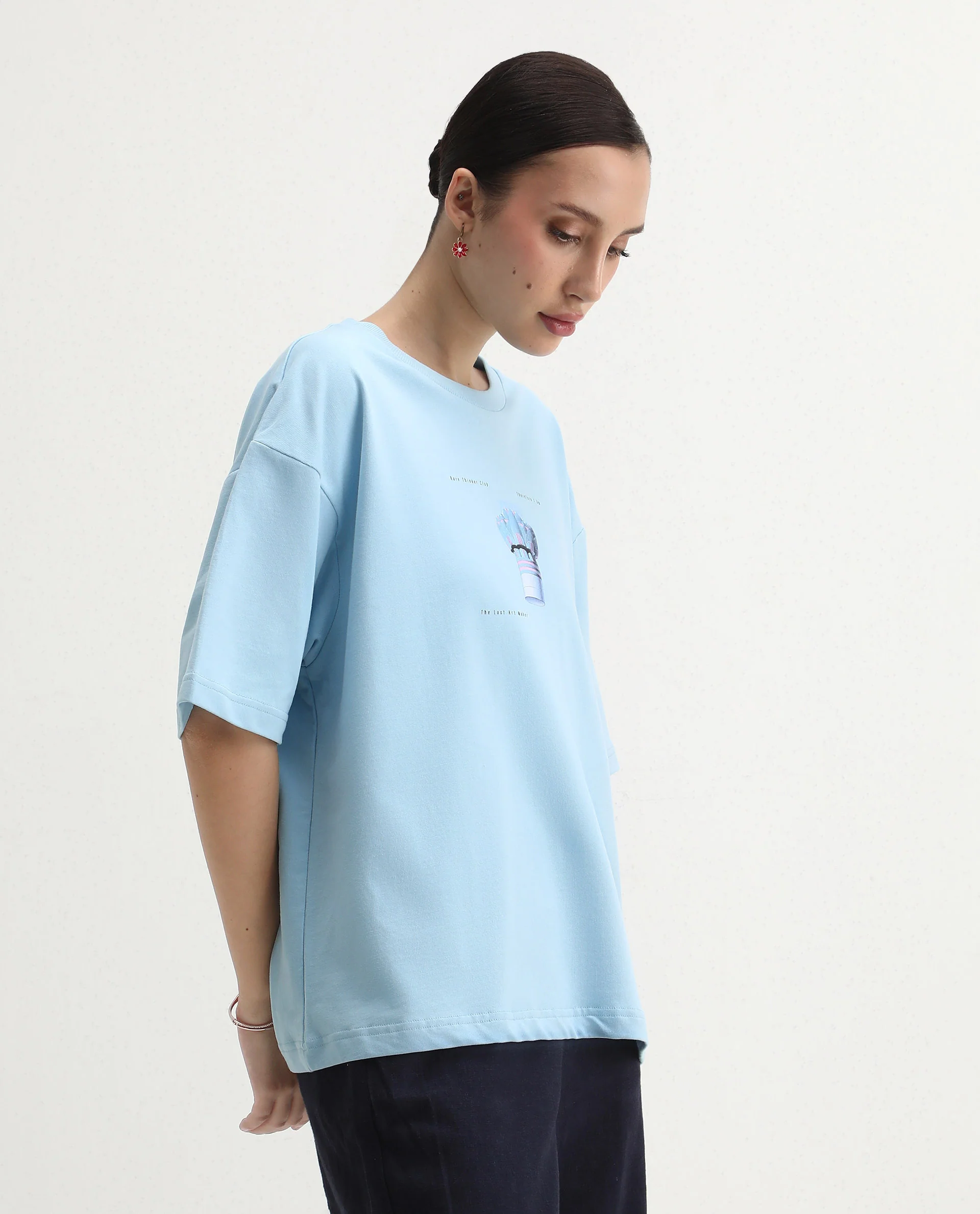 Rareism Women's Jinx Blue Cotton Graphic Print Oversized T-Shirt - Image 6