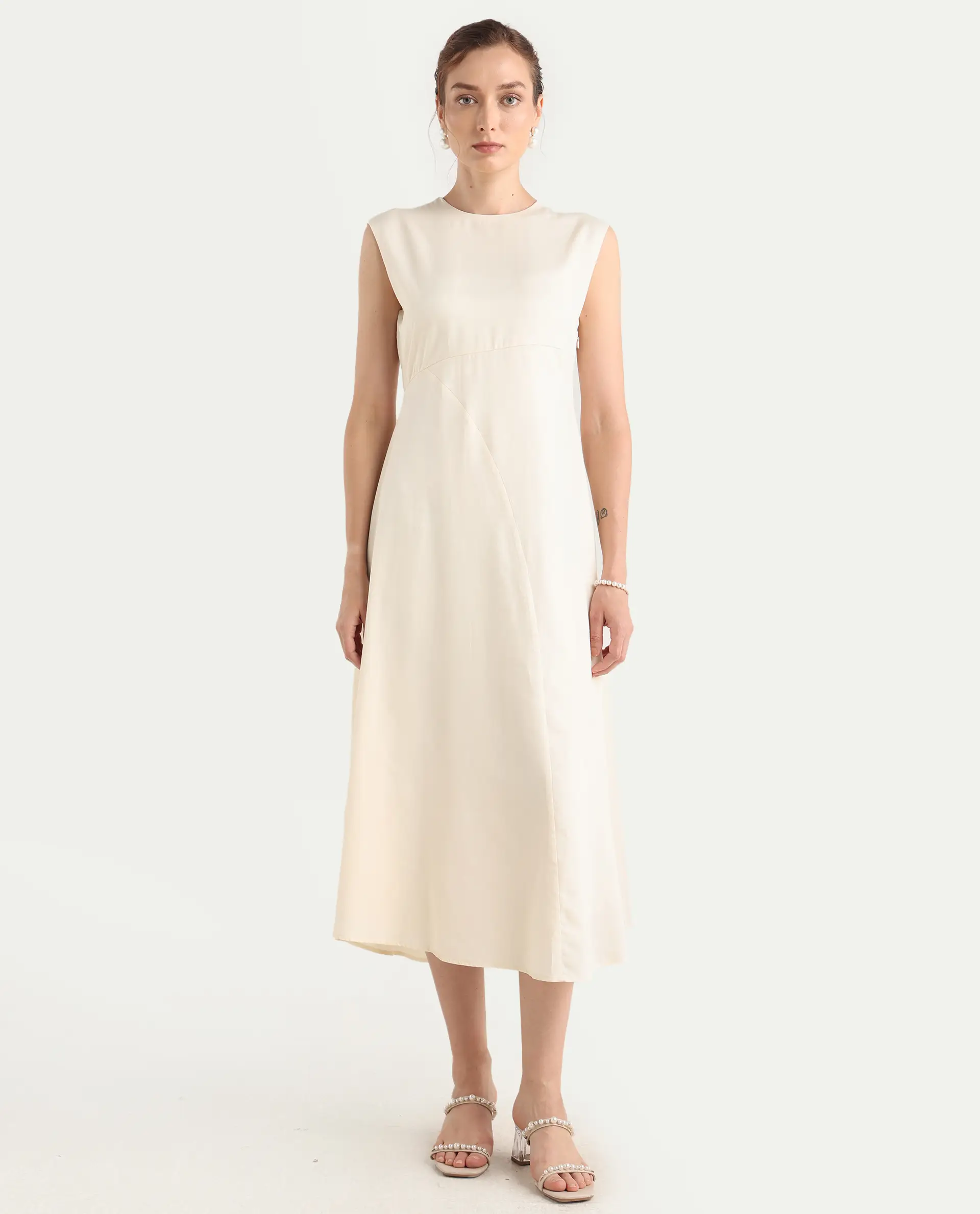 Rareism Women's Jio Off-White Cotton Blend Plain Fit And Flare Dress - Image 3