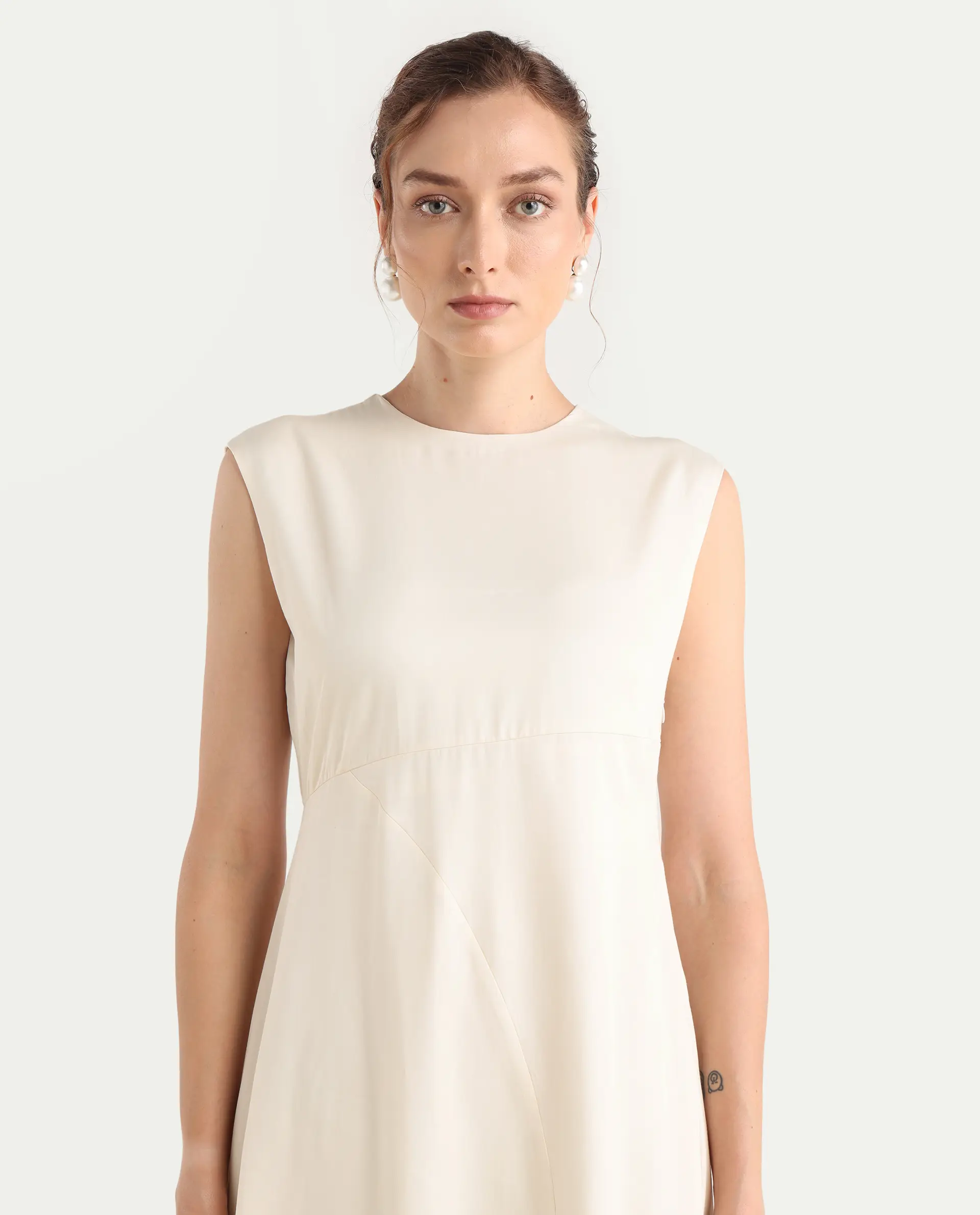 Rareism Women's Jio Off-White Cotton Blend Plain Fit And Flare Dress - Image 4