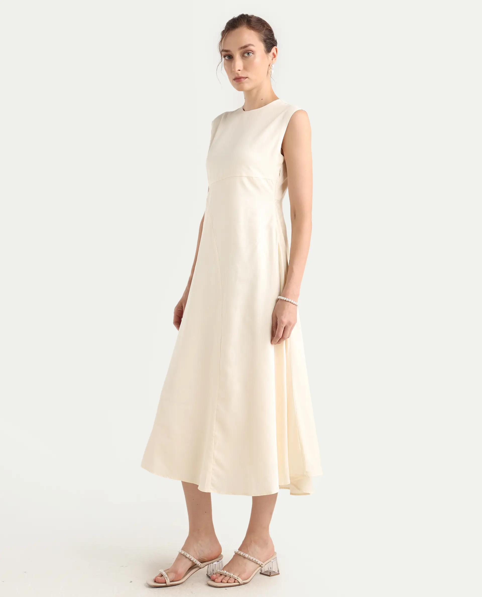 Rareism Women's Jio Off-White Cotton Blend Plain Fit And Flare Dress - Image 6