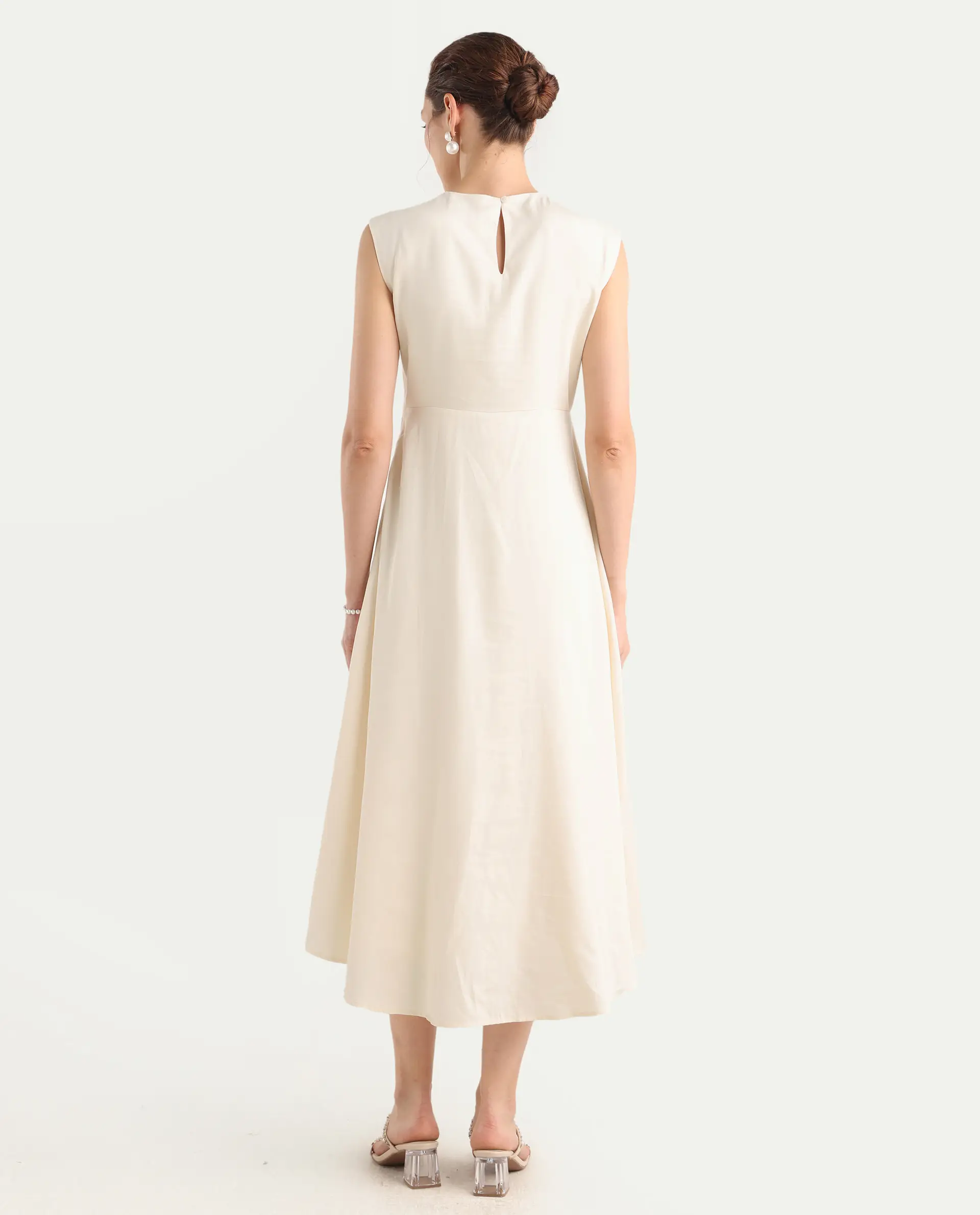 Rareism Women's Jio Off-White Cotton Blend Plain Fit And Flare Dress - Image 8