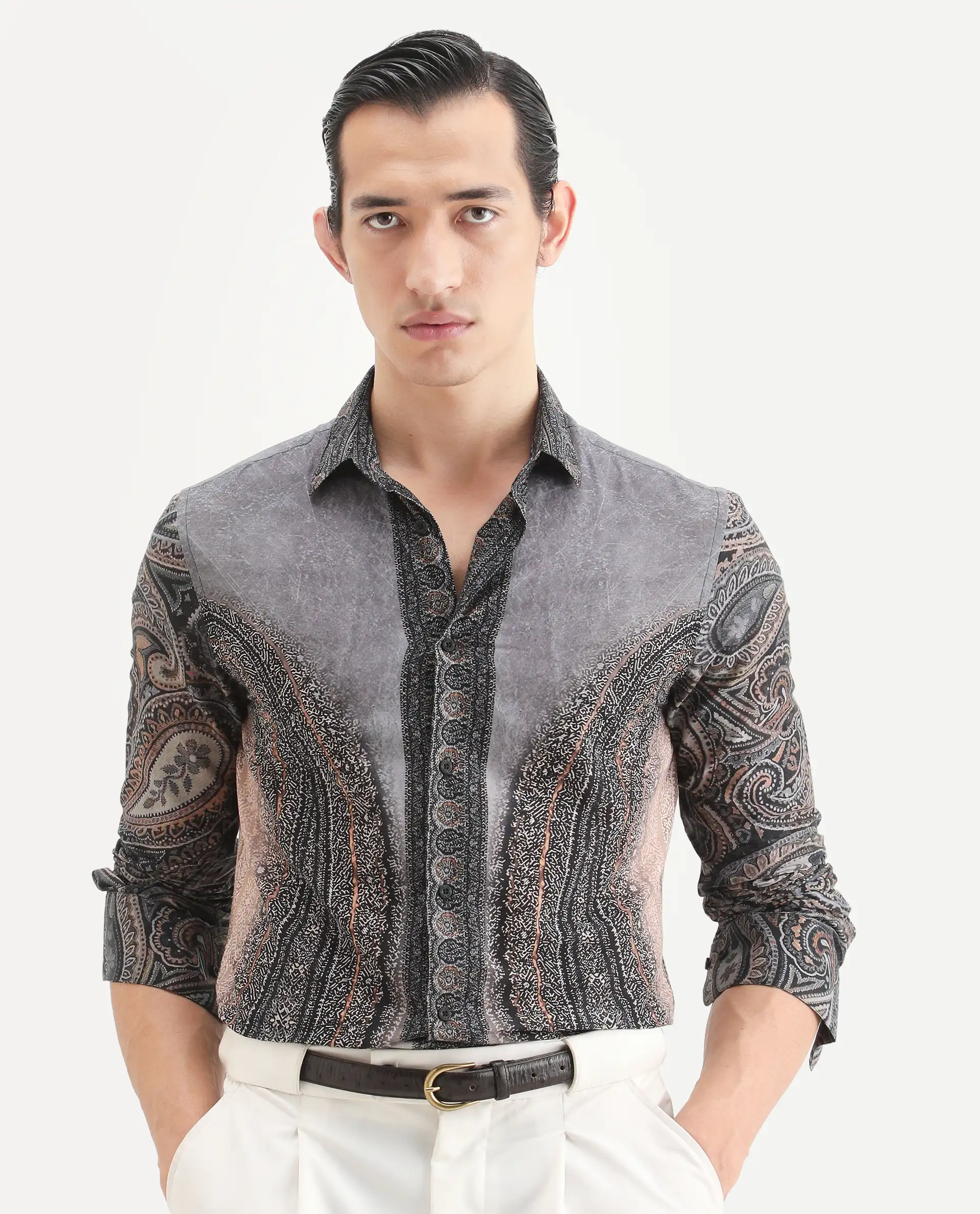 Rare Rabbit Men's Jipo Dusky Blue Cotton Paisley Print Regular Fit Full Sleeve Collared Shirt