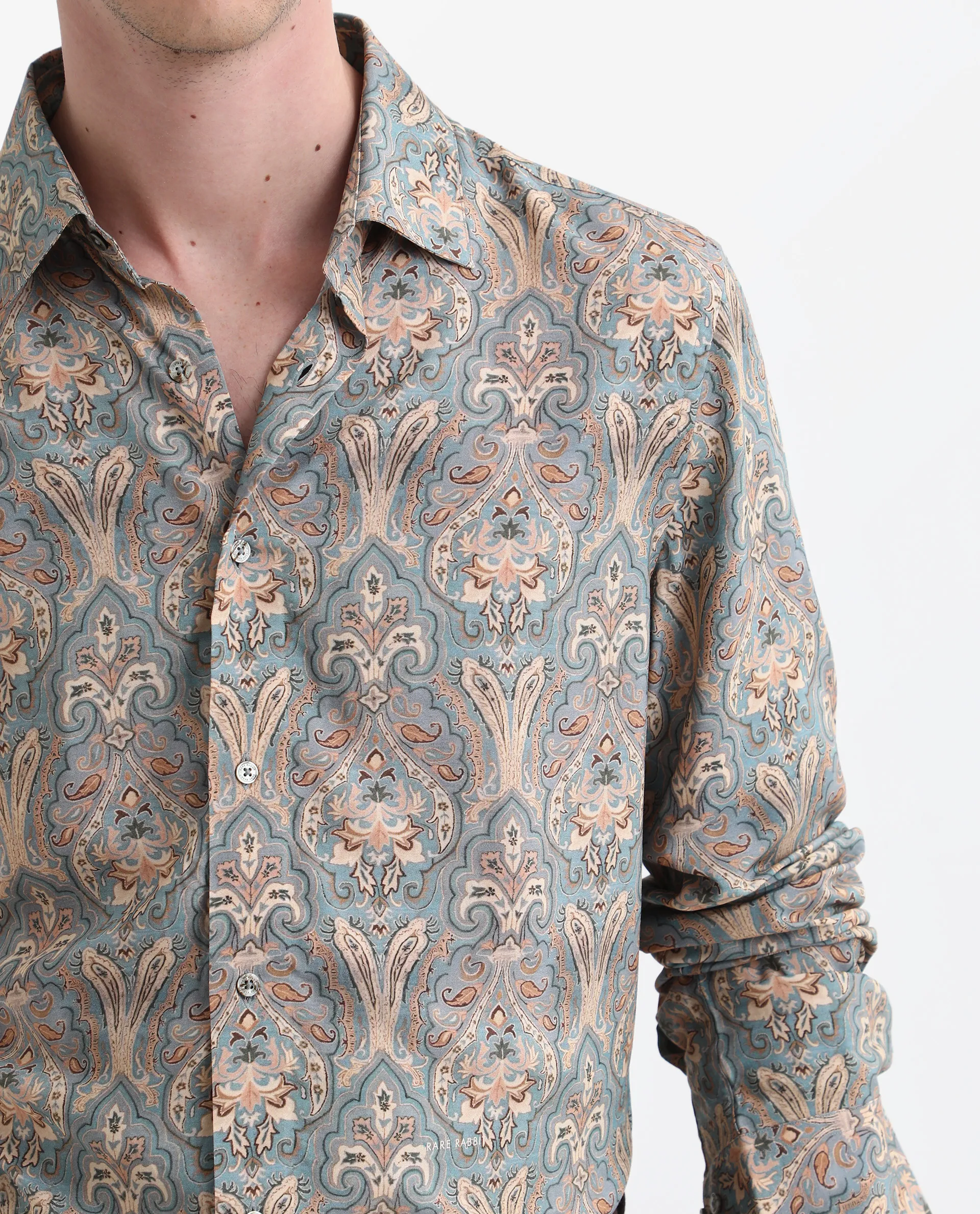 Rare Rabbit Men's Jirla Dusky Blue Viscose Paisley Print Regular Fit Full Sleeve Collared Shirt - Image 4