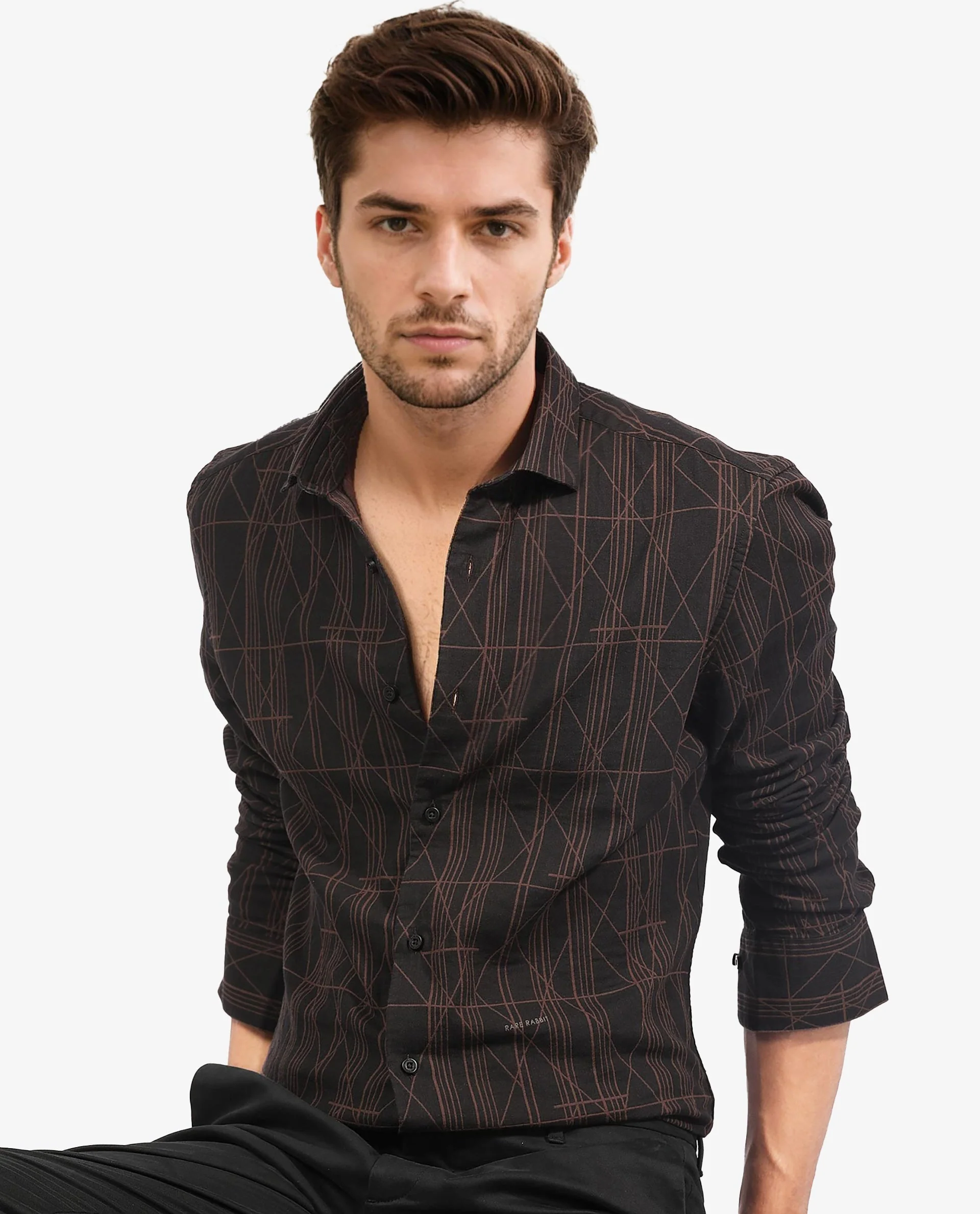 Rare Rabbit Men's Jiva Brown Cotton Geometric Print Regular Fit Full Sleeve Collared Shirt