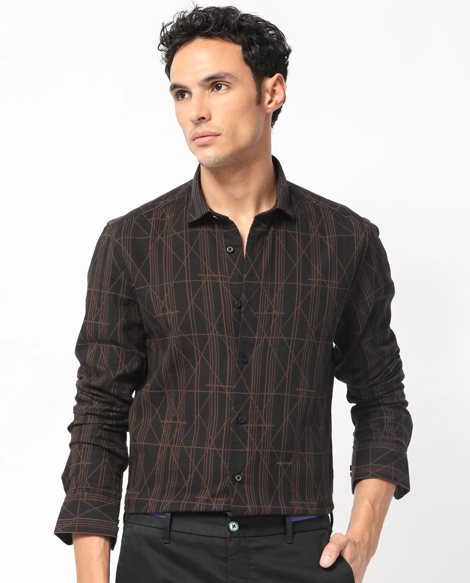 Rare Rabbit Men's Jiva Brown Cotton Geometric Print Regular Fit Full Sleeve Collared Shirt - Image 3