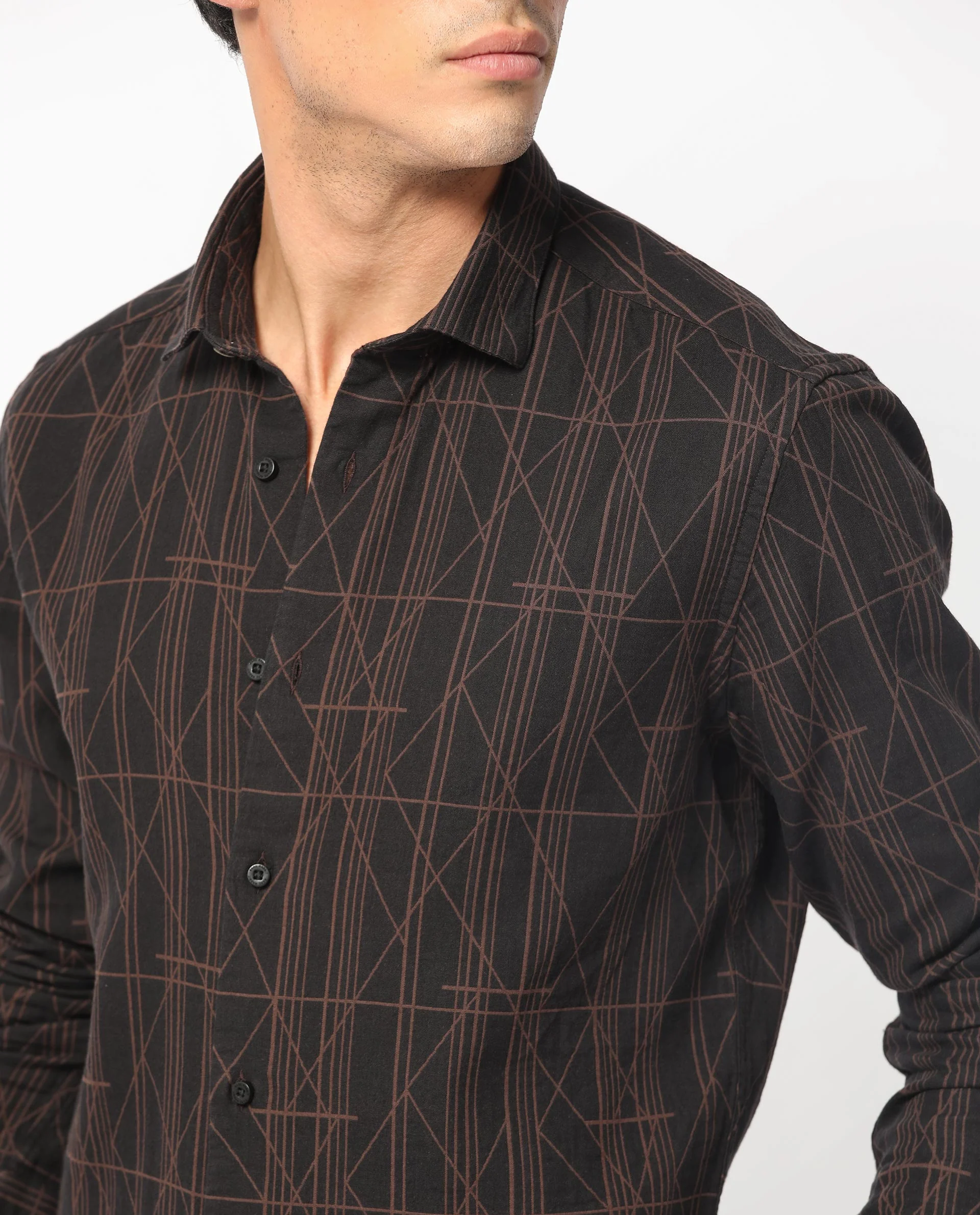 Rare Rabbit Men's Jiva Brown Cotton Geometric Print Regular Fit Full Sleeve Collared Shirt - Image 4