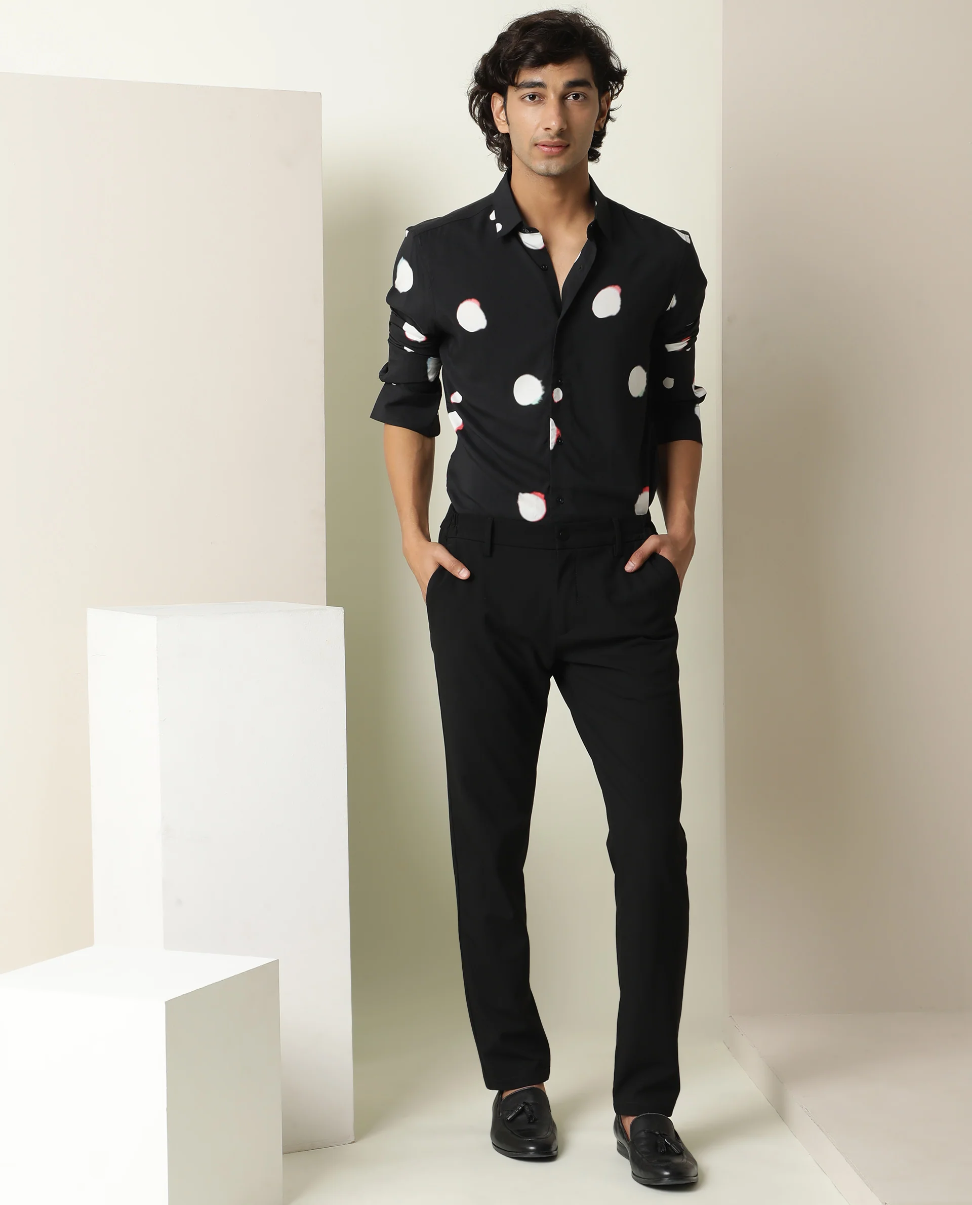 Rare Rabbit Men's Jive Black Viscose Polka Print Regular Fit Full Sleeve Collared Shirt - Image 2