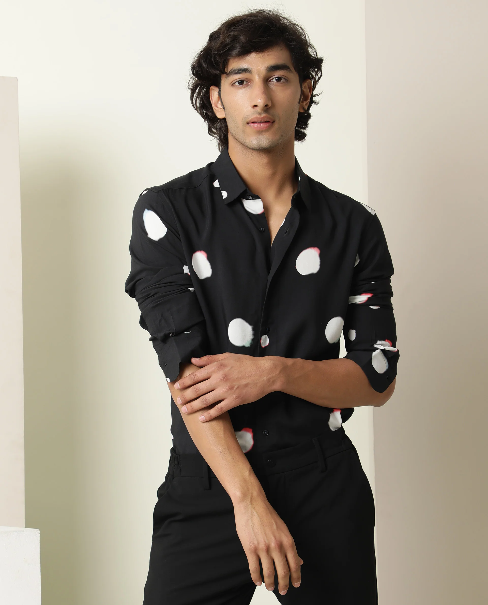 Rare Rabbit Men's Jive Black Viscose Polka Print Regular Fit Full Sleeve Collared Shirt - Image 3