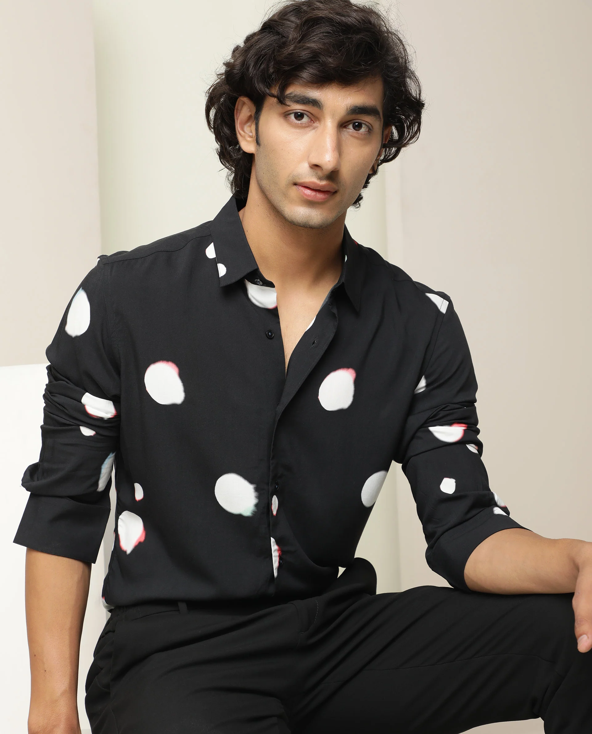 Rare Rabbit Men's Jive Black Viscose Polka Print Regular Fit Full Sleeve Collared Shirt - Image 4