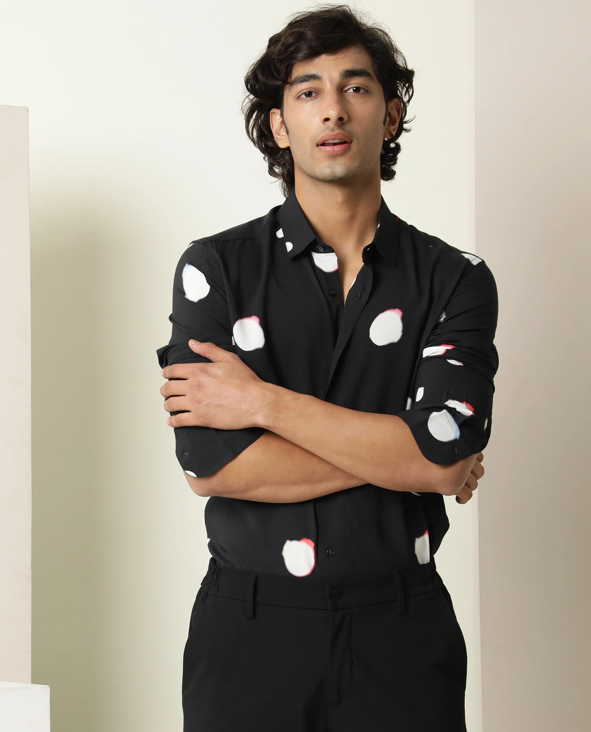 Rare Rabbit Men's Jive Black Viscose Polka Print Regular Fit Full Sleeve Collared Shirt - Image 6