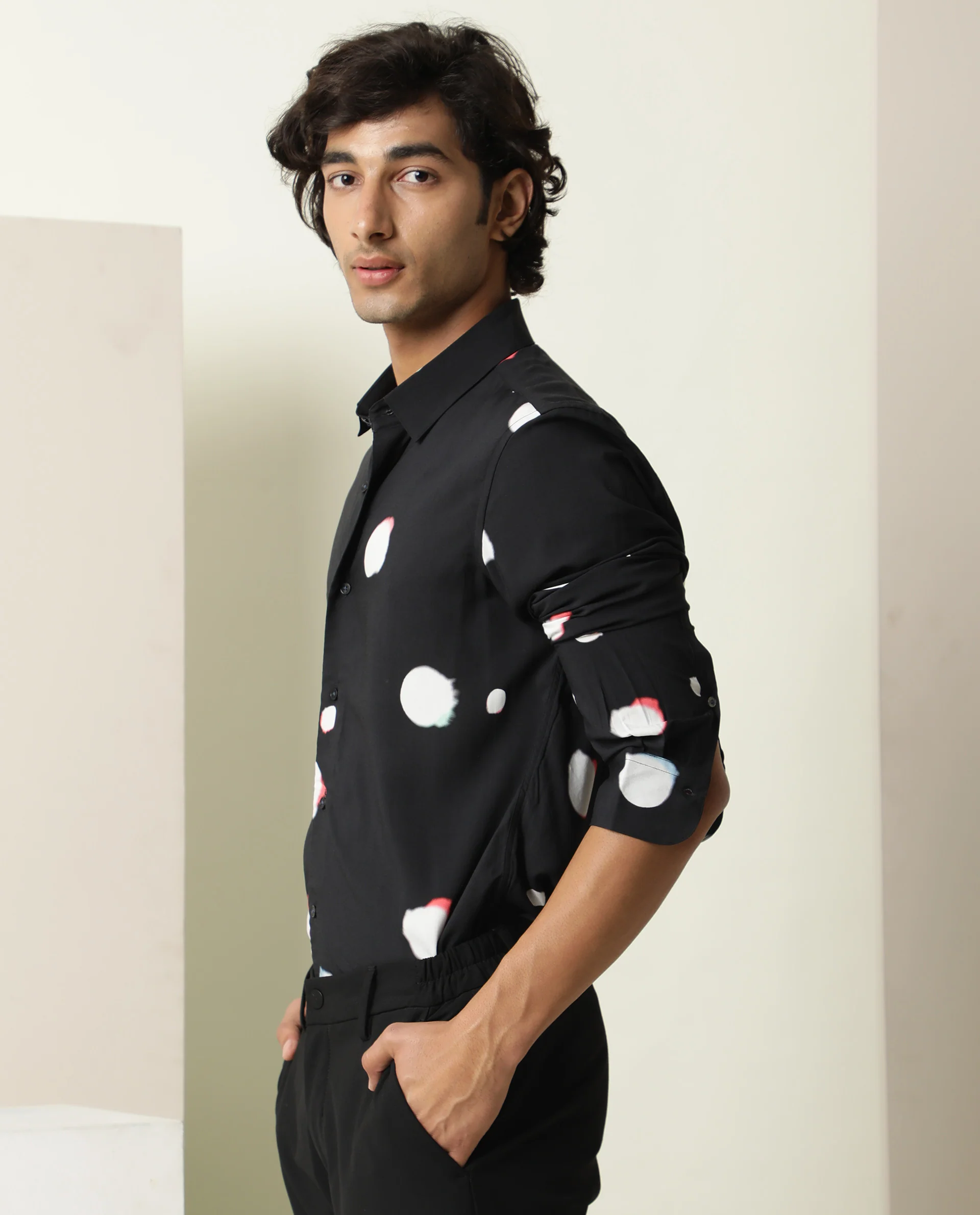 Rare Rabbit Men's Jive Black Viscose Polka Print Regular Fit Full Sleeve Collared Shirt - Image 7