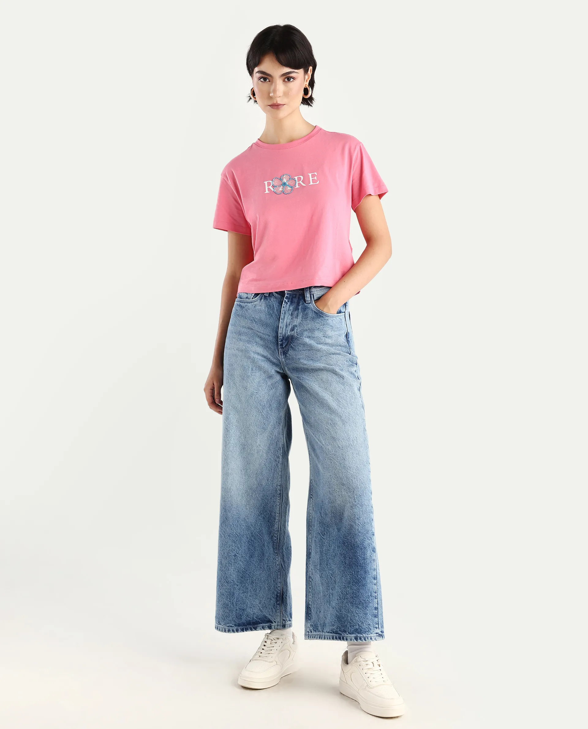 Rareism Women's Jiver Light Pink Cotton Blend Crew Neck Graphic Print Crop Relaxed Fit T-Shirt - Image 2