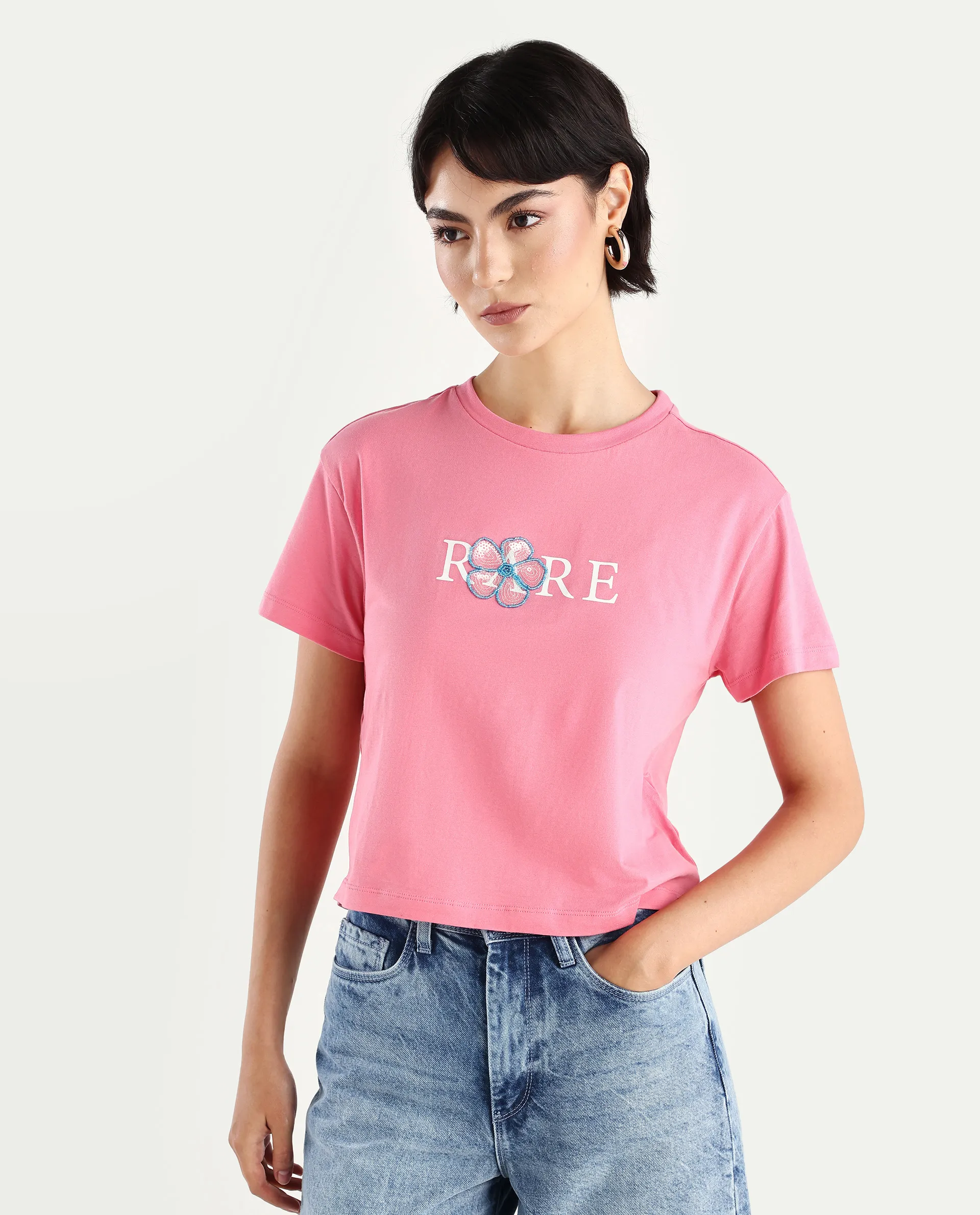 Rareism Women's Jiver Light Pink Cotton Blend Crew Neck Graphic Print Crop Relaxed Fit T-Shirt - Image 3
