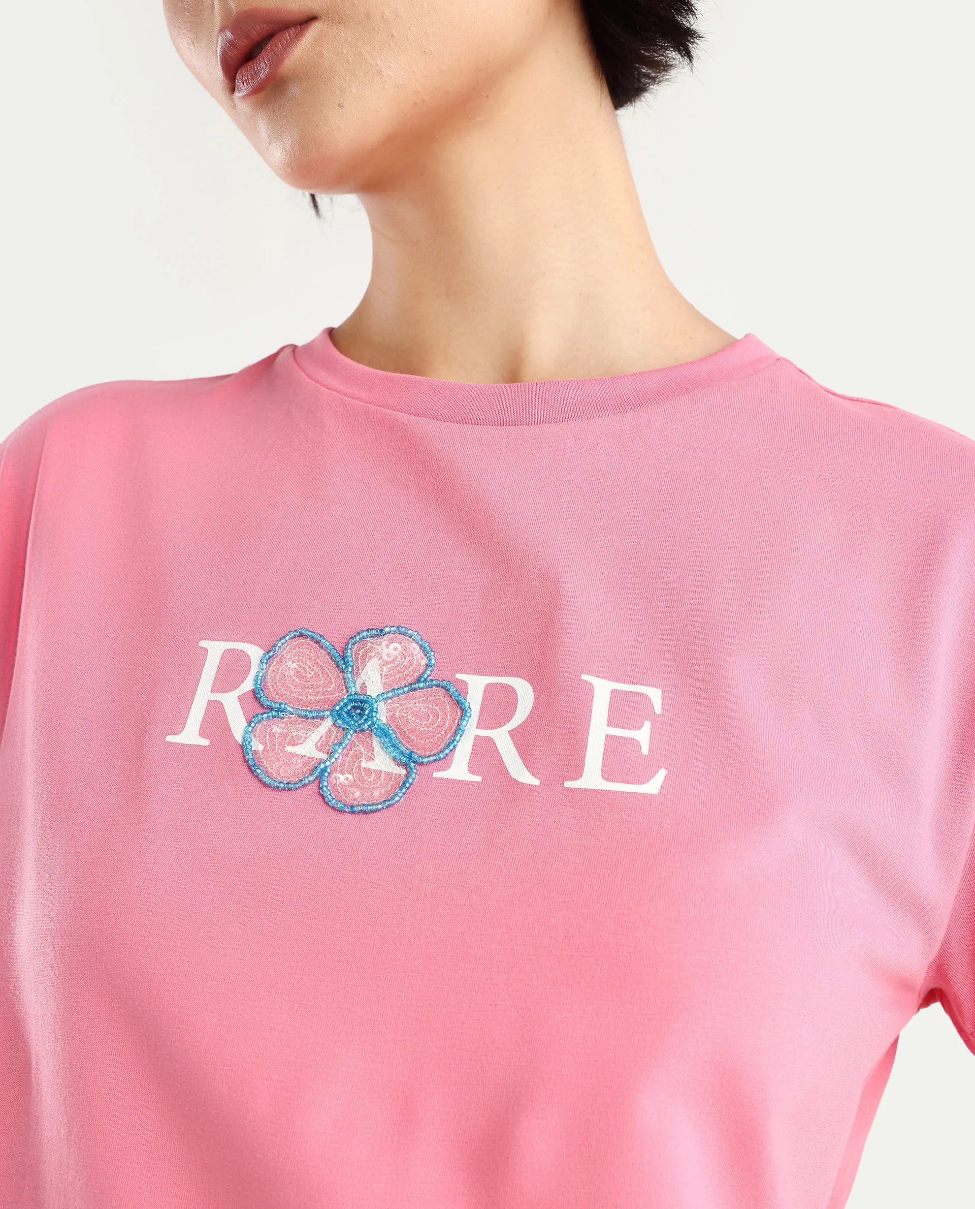 Rareism Women's Jiver Light Pink Cotton Blend Crew Neck Graphic Print Crop Relaxed Fit T-Shirt - Image 4