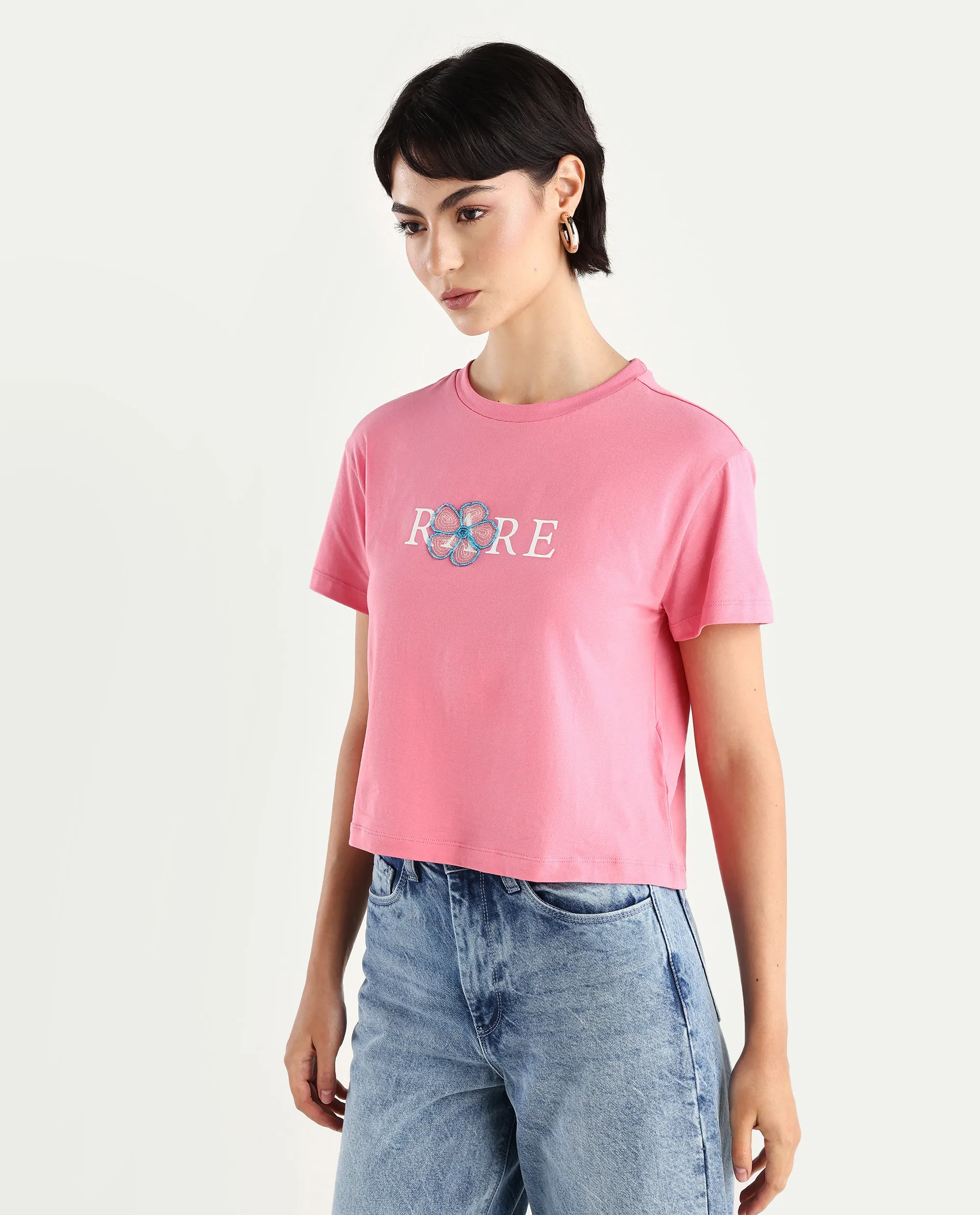 Rareism Women's Jiver Light Pink Cotton Blend Crew Neck Graphic Print Crop Relaxed Fit T-Shirt - Image 5