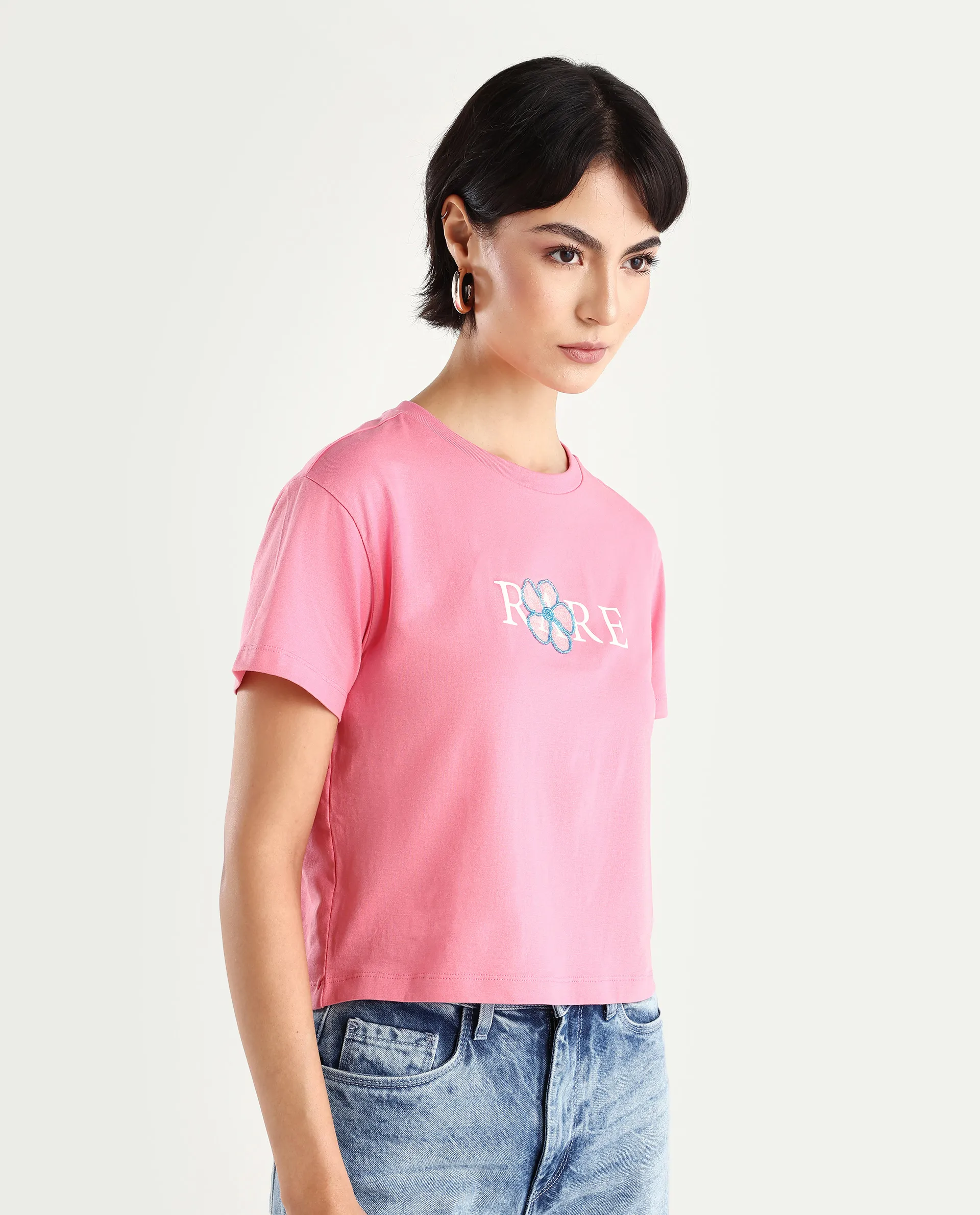 Rareism Women's Jiver Light Pink Cotton Blend Crew Neck Graphic Print Crop Relaxed Fit T-Shirt - Image 6